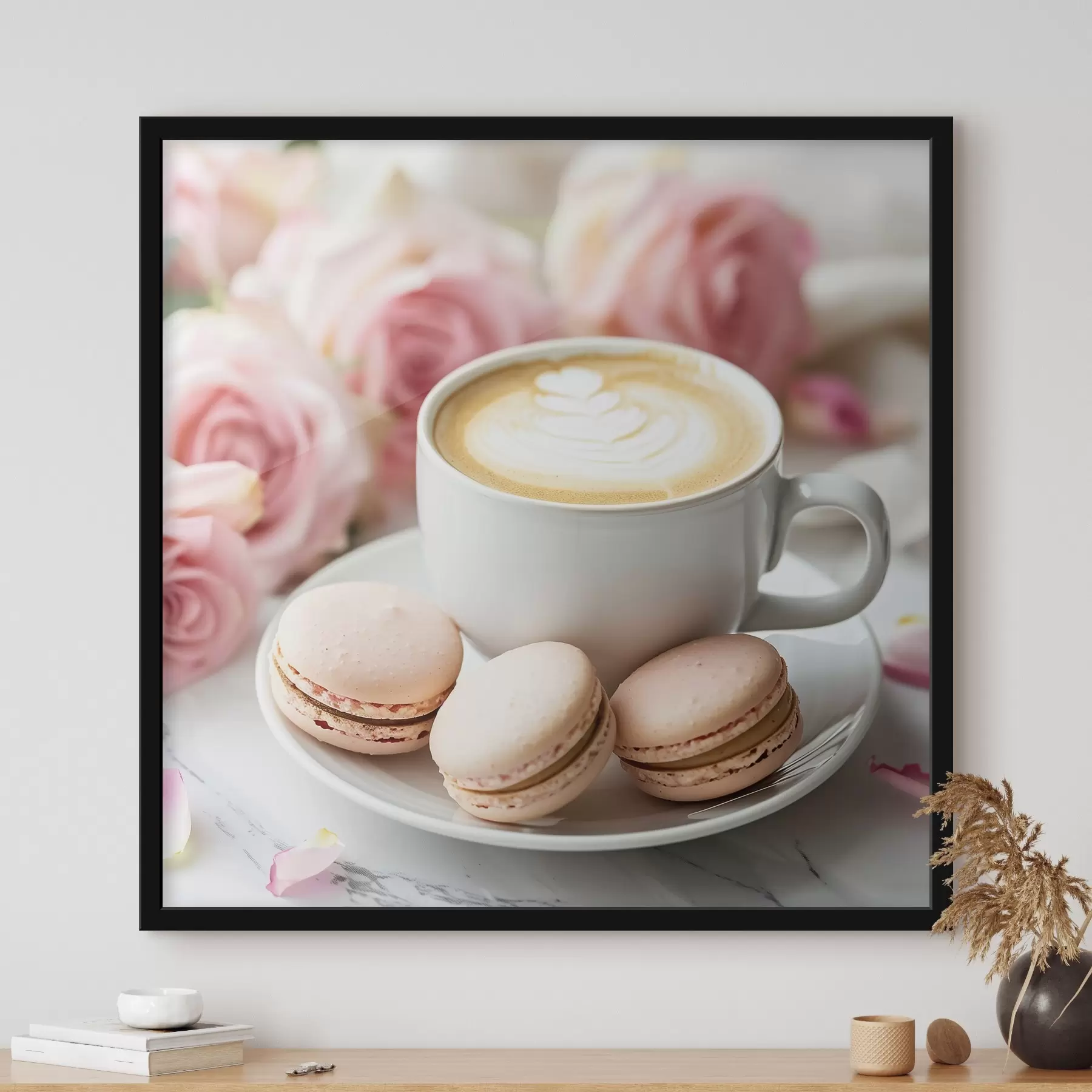  Schilderijen Een kopje koffie op een delicate bloemenachtergrond f39232
