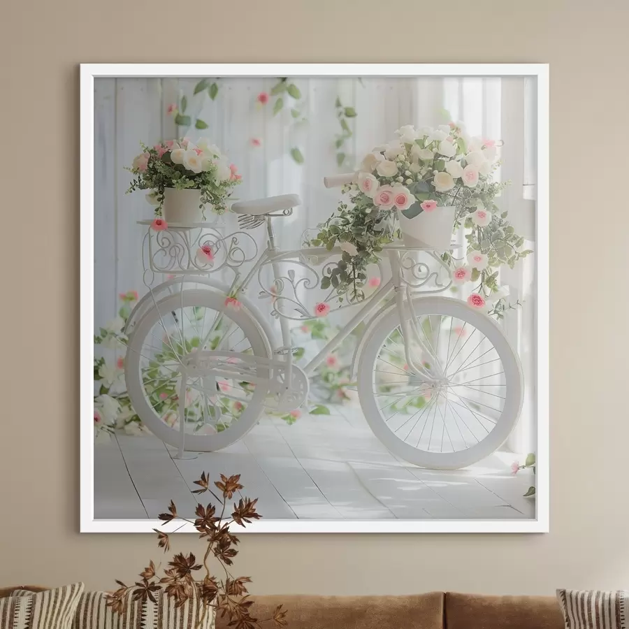 Fotobehang Witte fiets met bloemenmand in Provençaalse stijl f39243