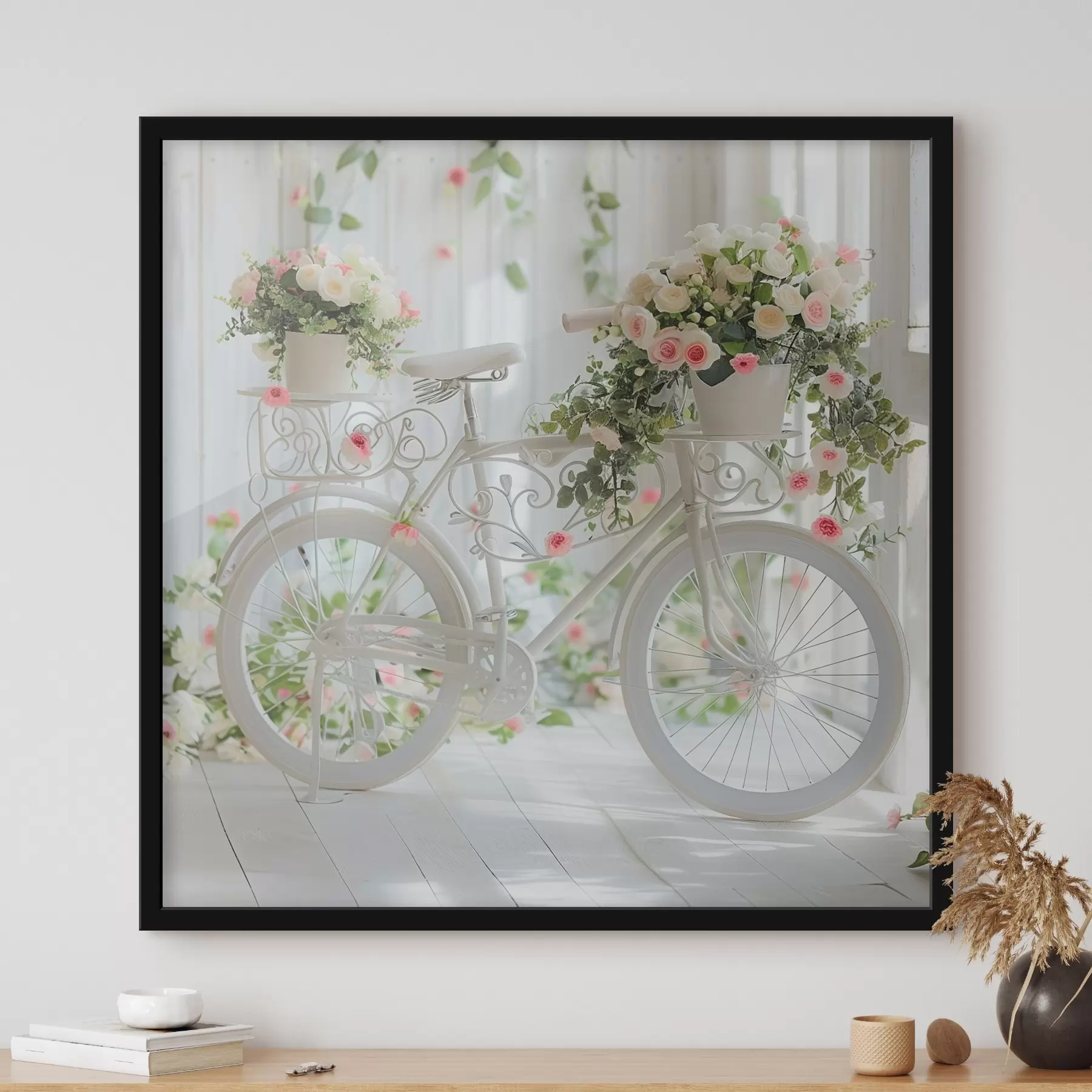 Fotobehang Witte fiets met bloemenmand in Provençaalse stijl f39243