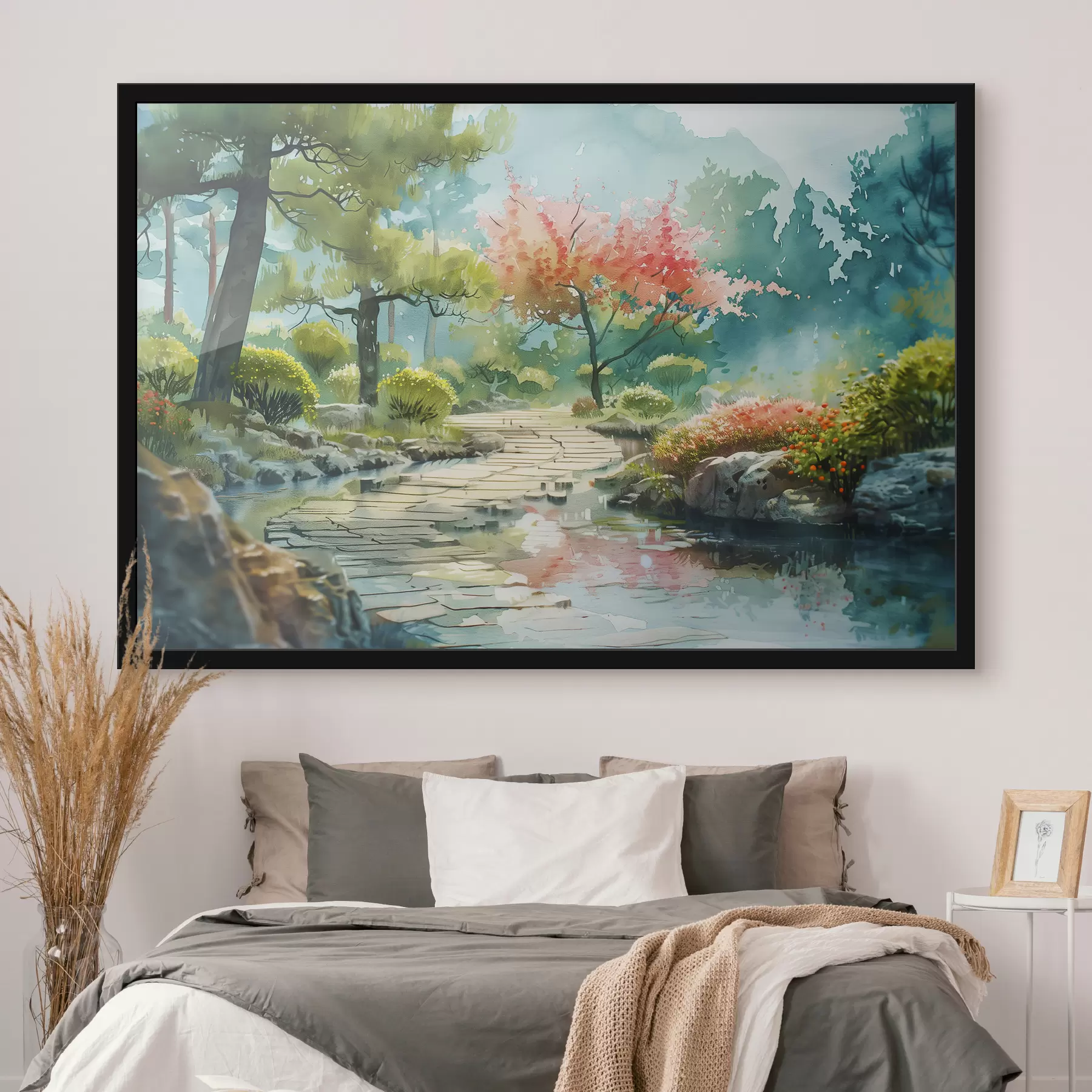 Fotobehang Park met bomen en struiken met bloemen, kleine vijver, kersenboom f39778