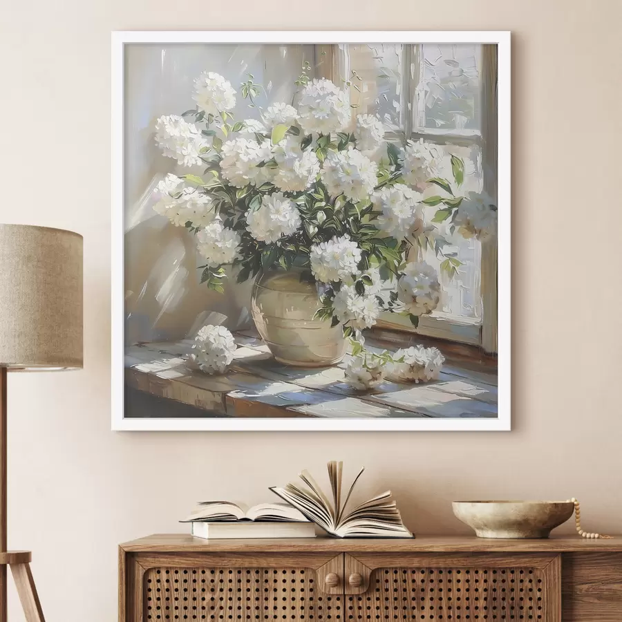 Fotobehang Witte hortensia's in de vaas, zonlicht in het raam, olieverfschilderij f39779