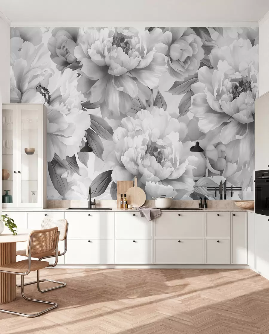 Fotobehang Zwart-witte pioenrozen w08068