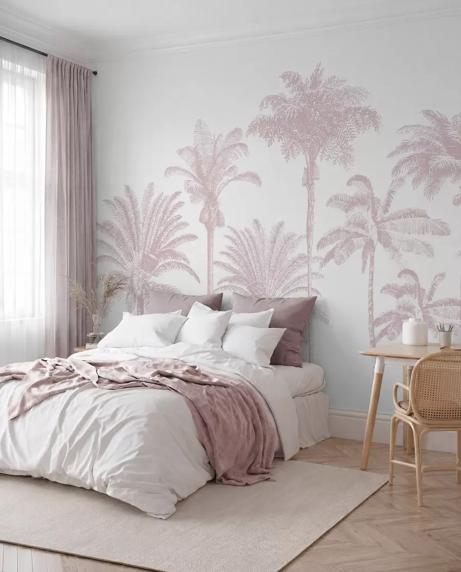 Fotobehang Tropische palmbomen oase minimale roze kleur w08111v1