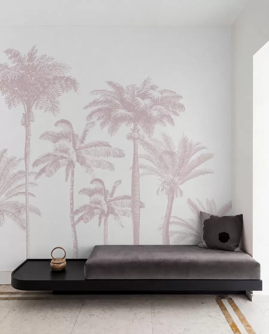 Fotobehang Tropische palmbomen oase minimale roze kleur w08111v1