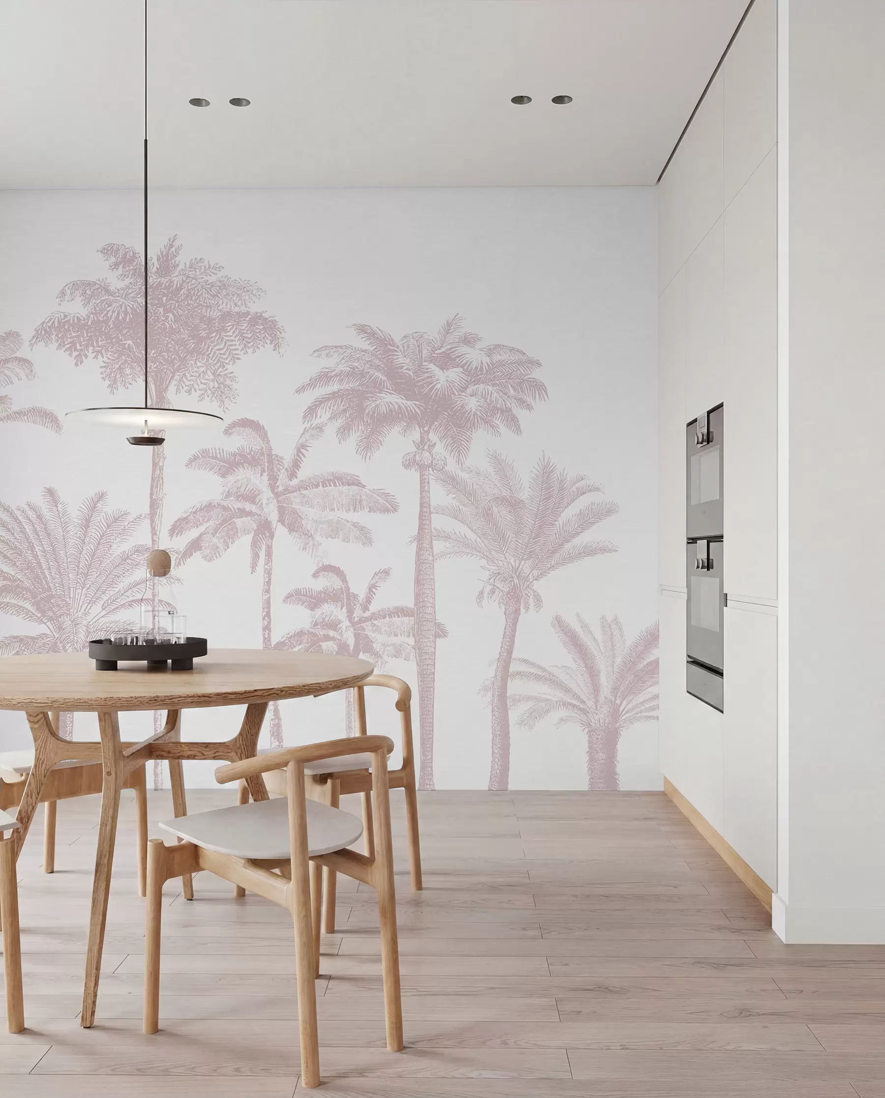 Fotobehang Tropische palmbomen oase minimale roze kleur w08111v1