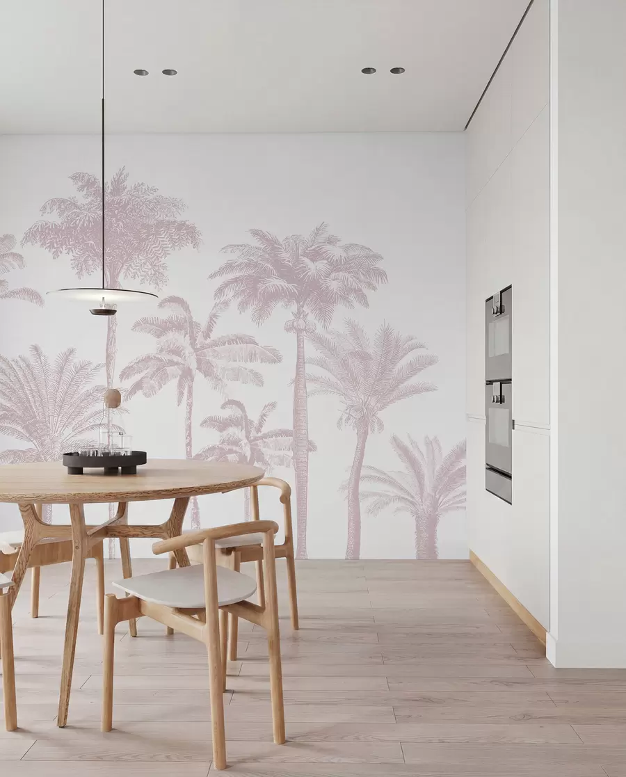 Fotobehang Tropische palmbomen oase minimale roze kleur w08111v1