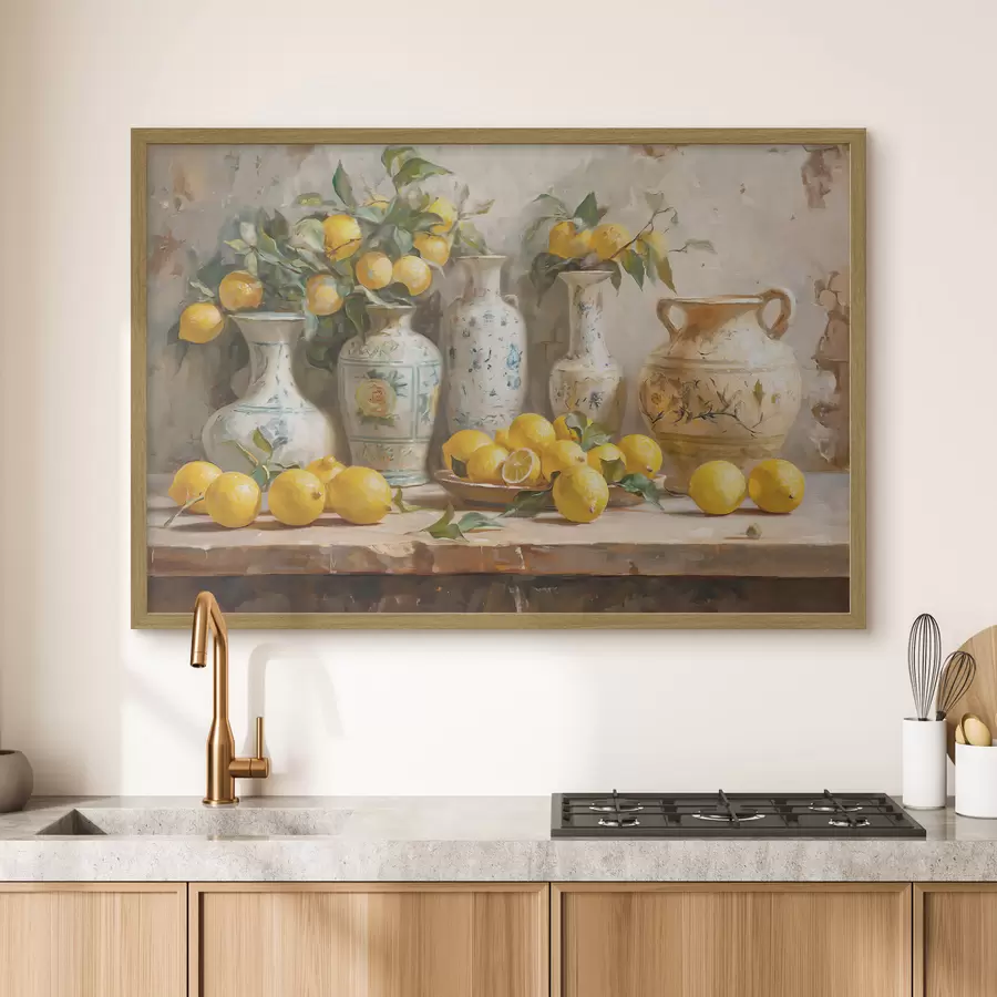 Fotobehang Citroenen en vintage vazen op tafel f39833