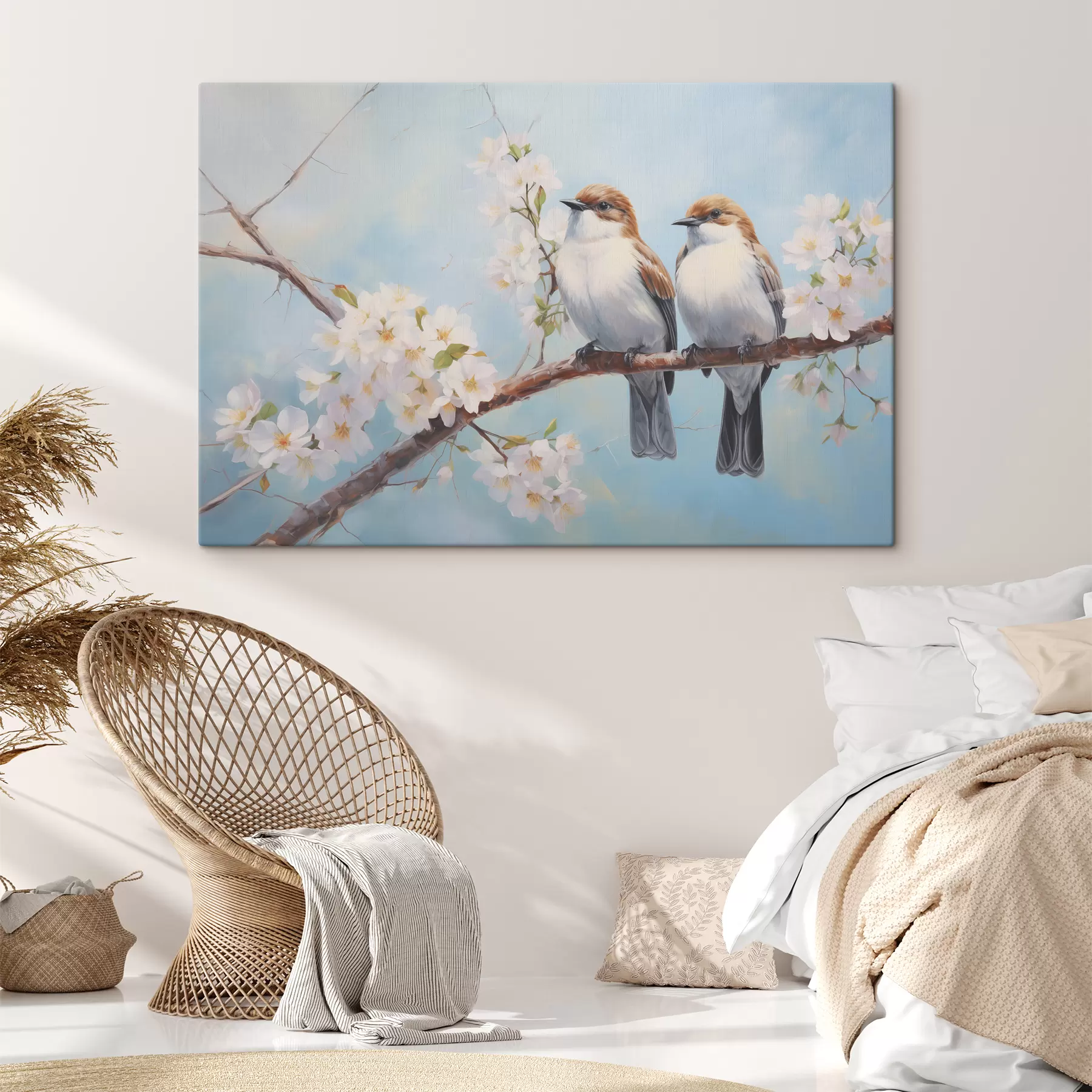  Schilderijen Mussen zittend op een bloeiend takolieverfschilderij, blauw, wit, bruin s39829
