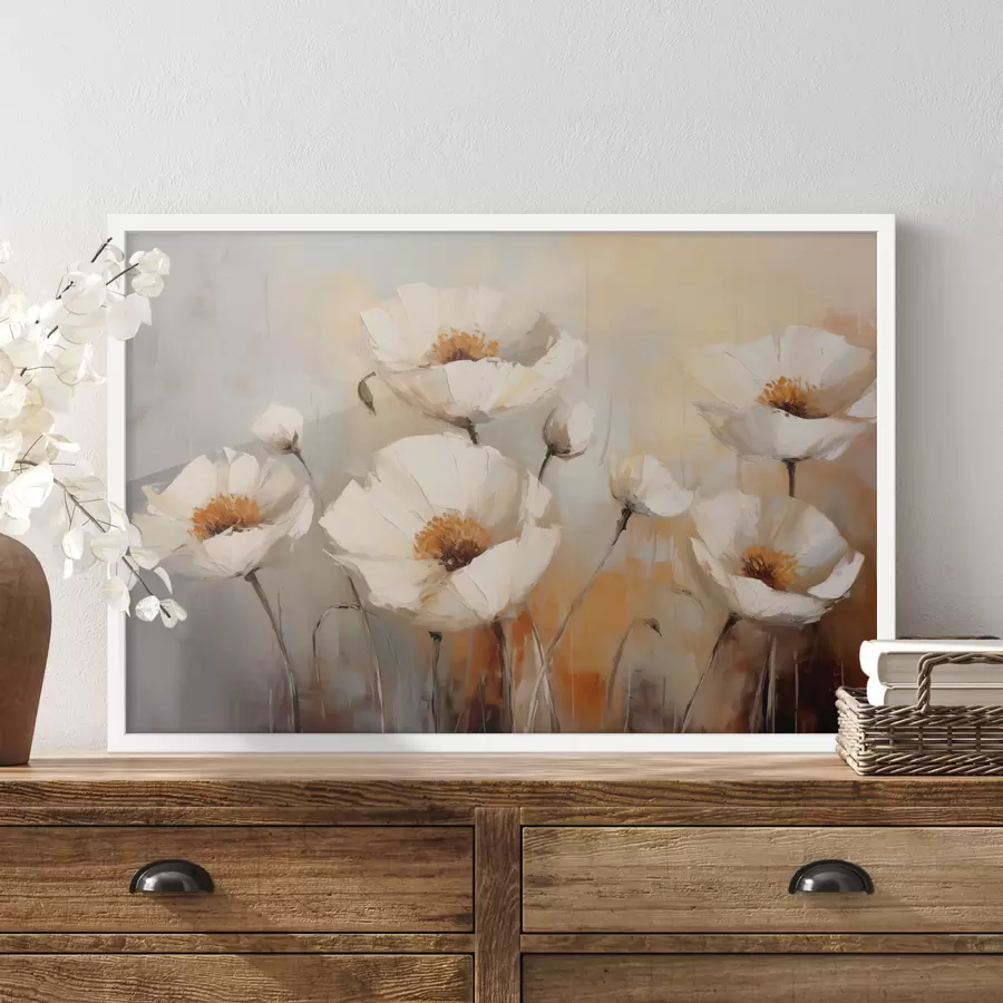 Fotobehang Witte klaprozen olieverfschilderij, blauwe en oranje kleur f39815