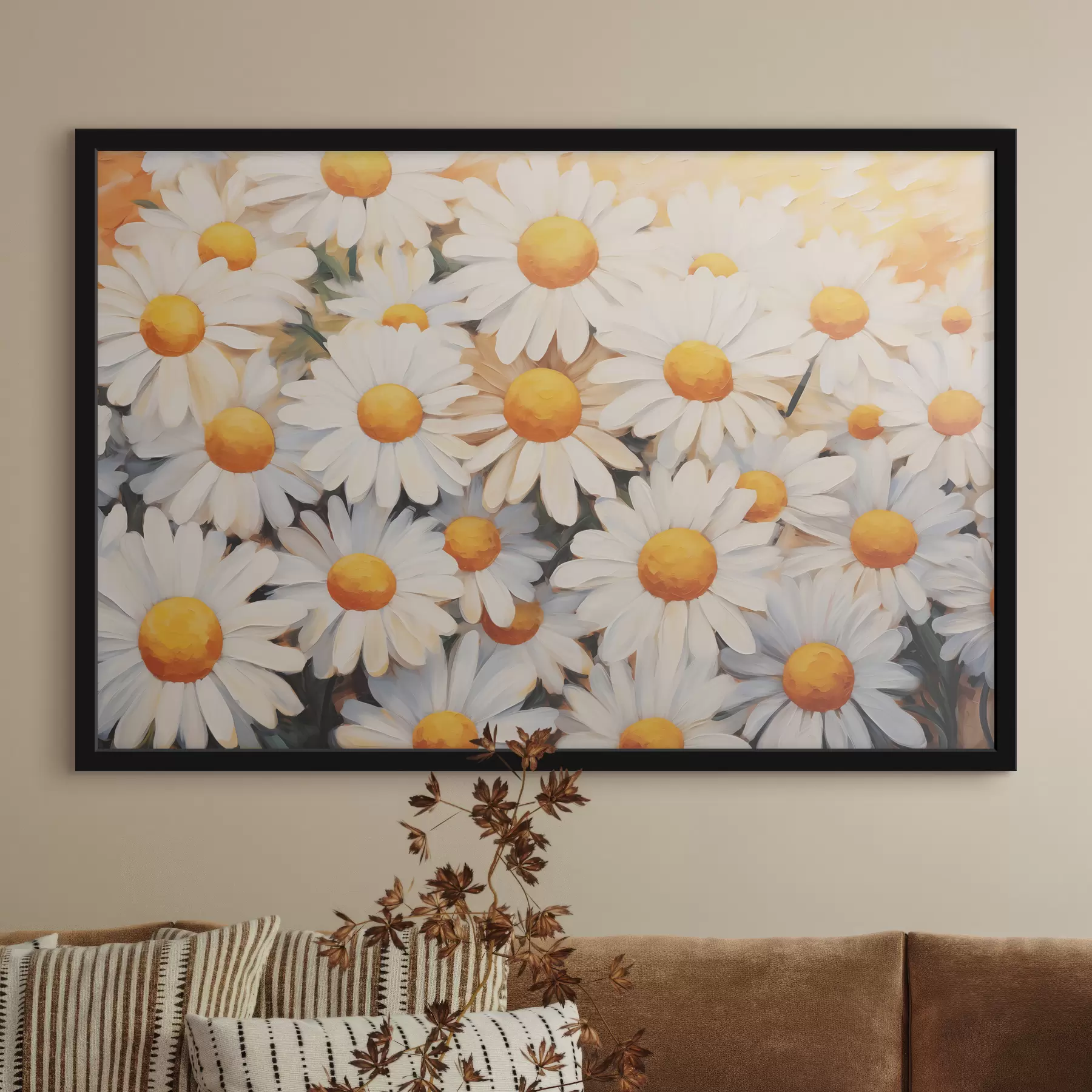 Fotobehang Witte madeliefjes op geel olieverfschilderij f39819