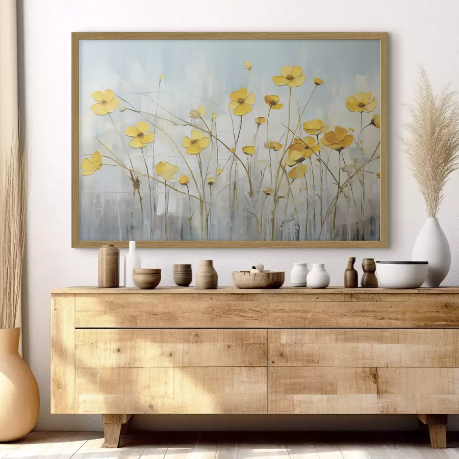 Fotobehang Gele kleine bloemen op een olieverfschilderij met lange steel f39823