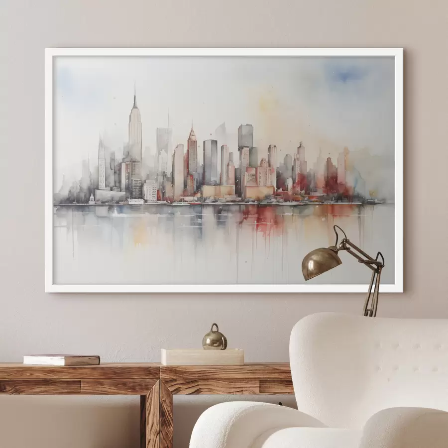 Fotobehang Uitzicht op de stad New York, silhouetten bouwen, aquarel f39828