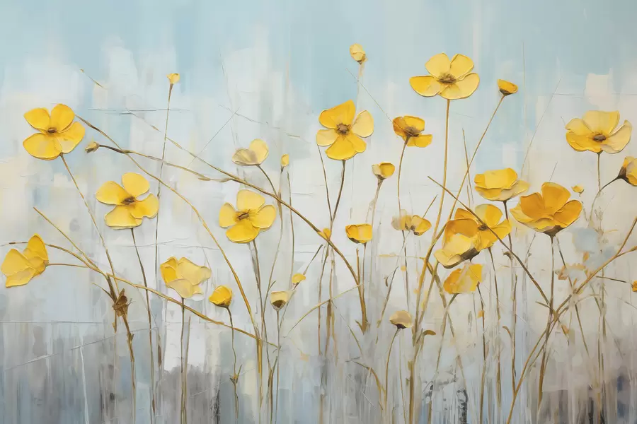 Fotobehang Kleine gele bloemen op blauw olieverfschilderij w08129