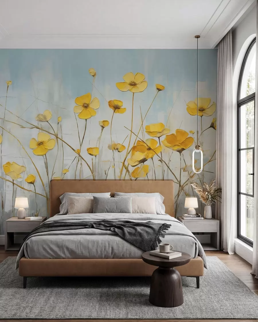Fotobehang Kleine gele bloemen op blauw olieverfschilderij w08129