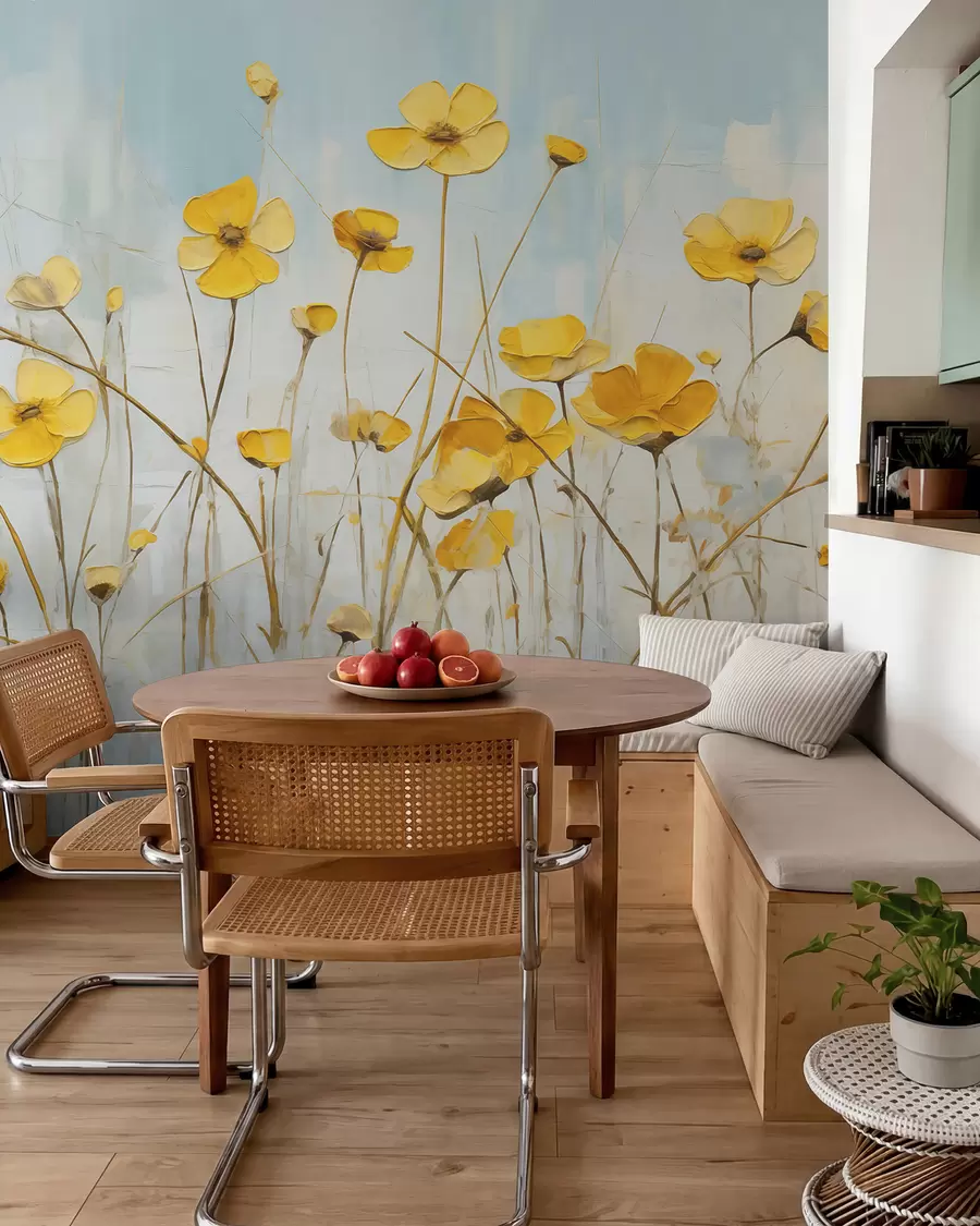 Fotobehang Kleine gele bloemen op blauw olieverfschilderij w08129