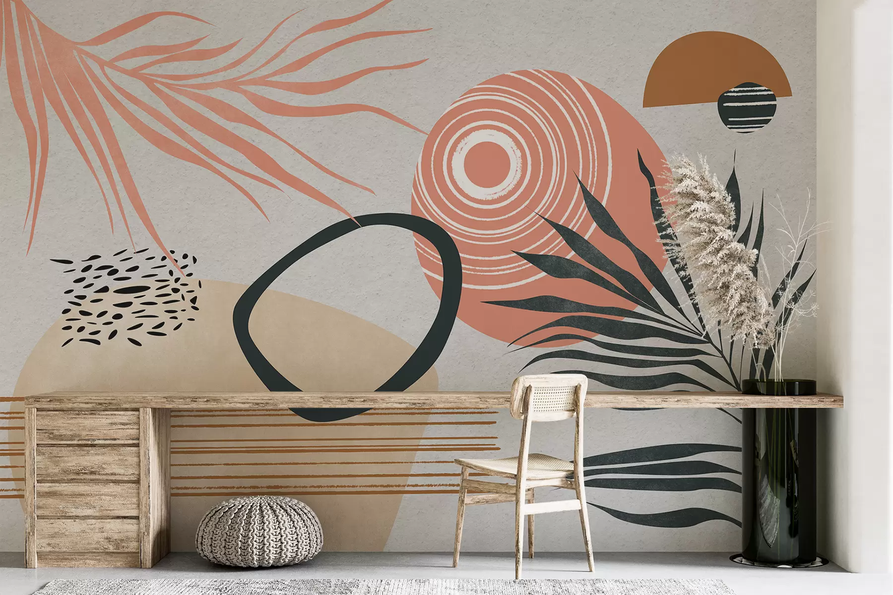 Fotobehang Geometrische abstractie met palmtakken, boho-stijl, vlek, roze, blauw, grijs, muurtextuur w08133