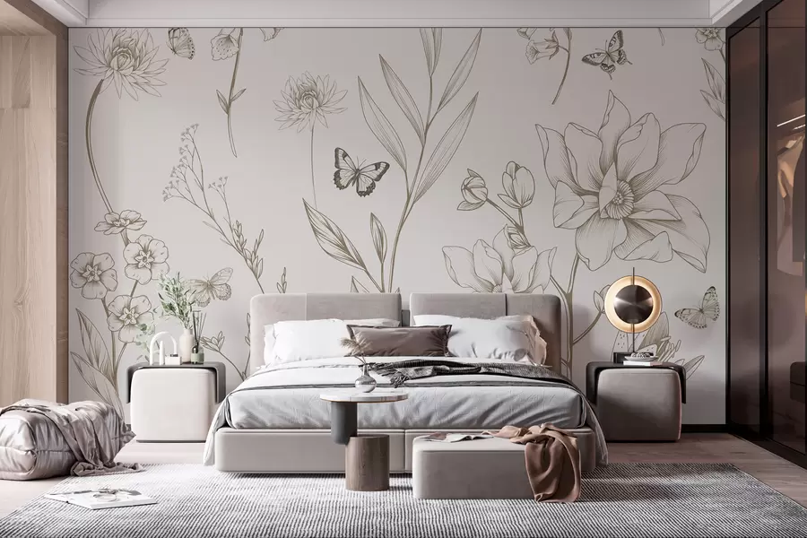Fotobehang Boho monochrome bloemen en vlinders in beige kleur w08088v1