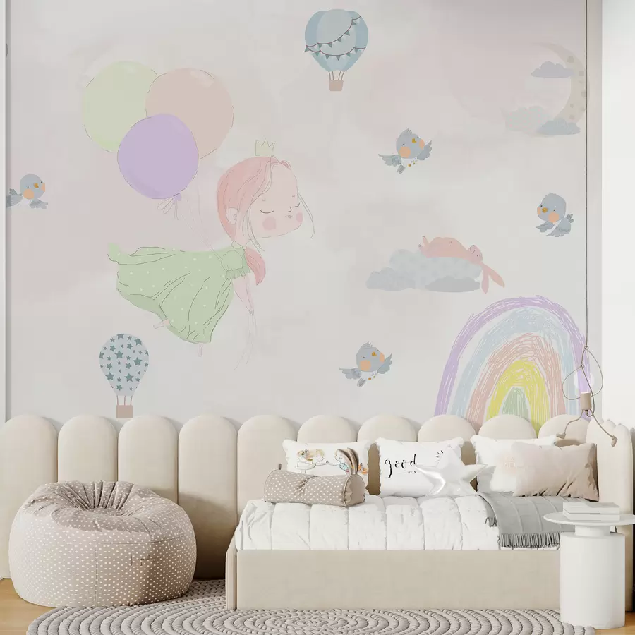 Fotobehang Meisje, regenboog, ballonnen en vogels w08101