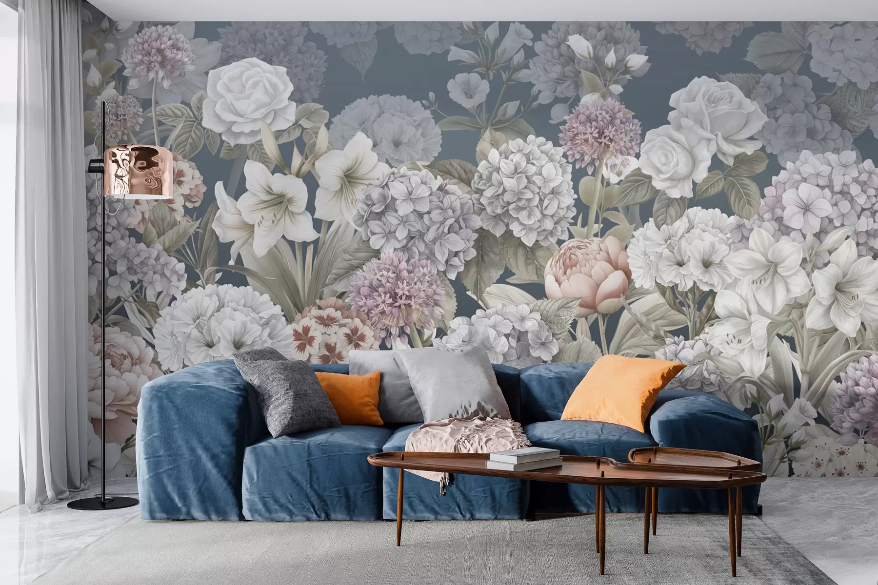 Fotobehang Magische zomertuin op een blauwe achtergrond w08140v1