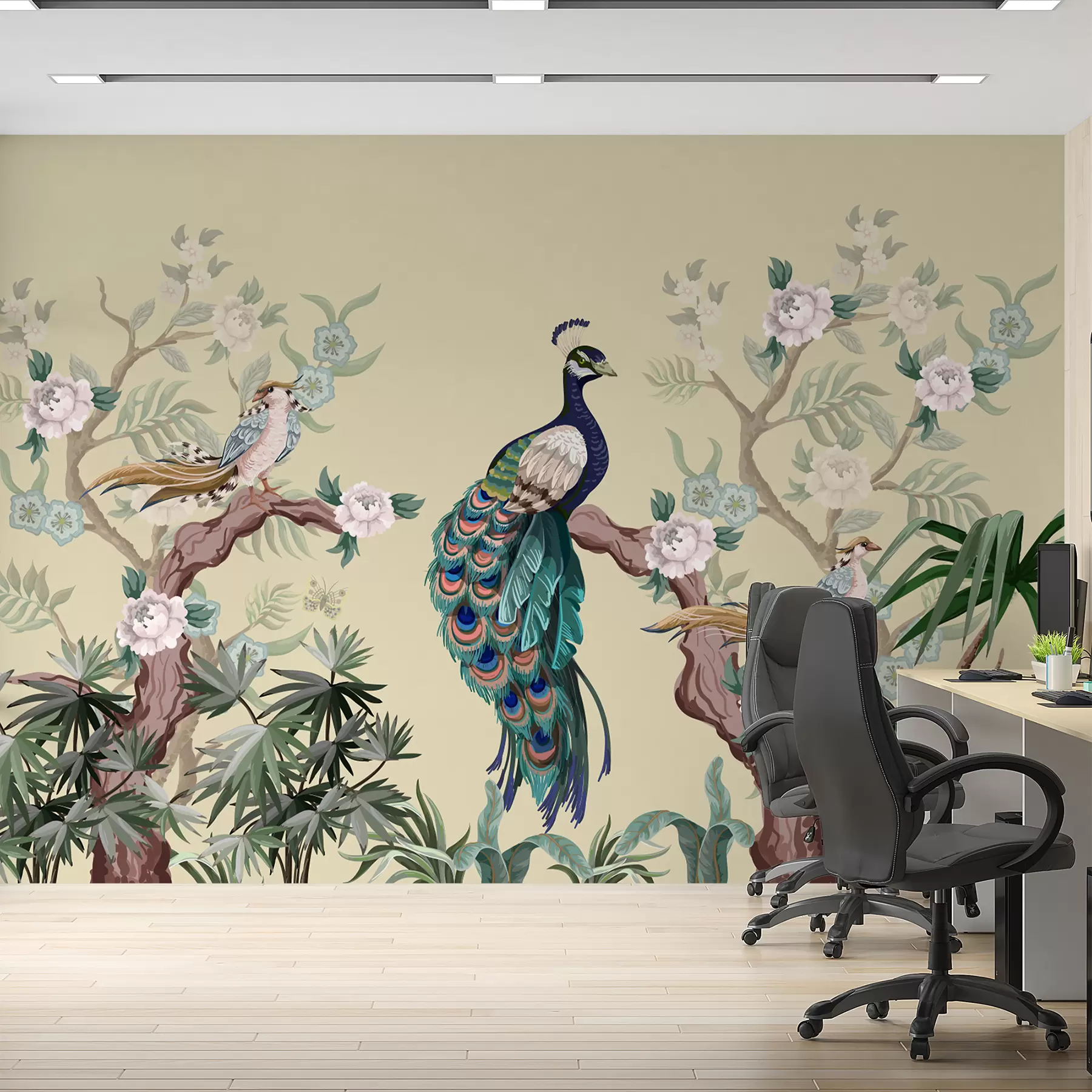 Fotobehang pauw op een boom, beige achtergrond w08168 kopen - Uwalls.nl Fotobehang pauw op een boom, beige achtergrond w08168