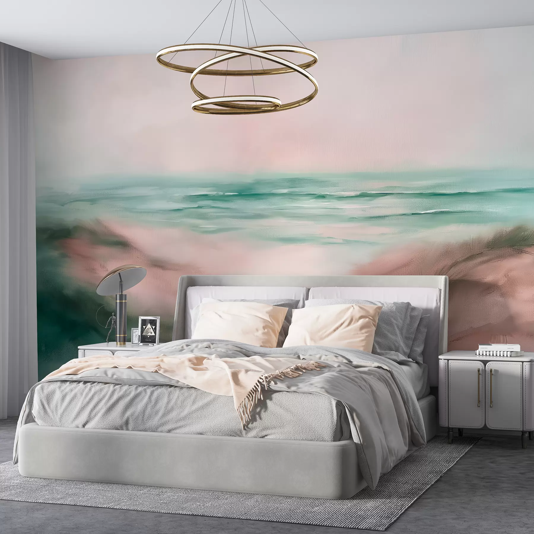 Fotobehang Abstract landschap in pastelkleuren, strand, zee, aquamarijn en roze kleurenpalet, penseelstreken w08141v2