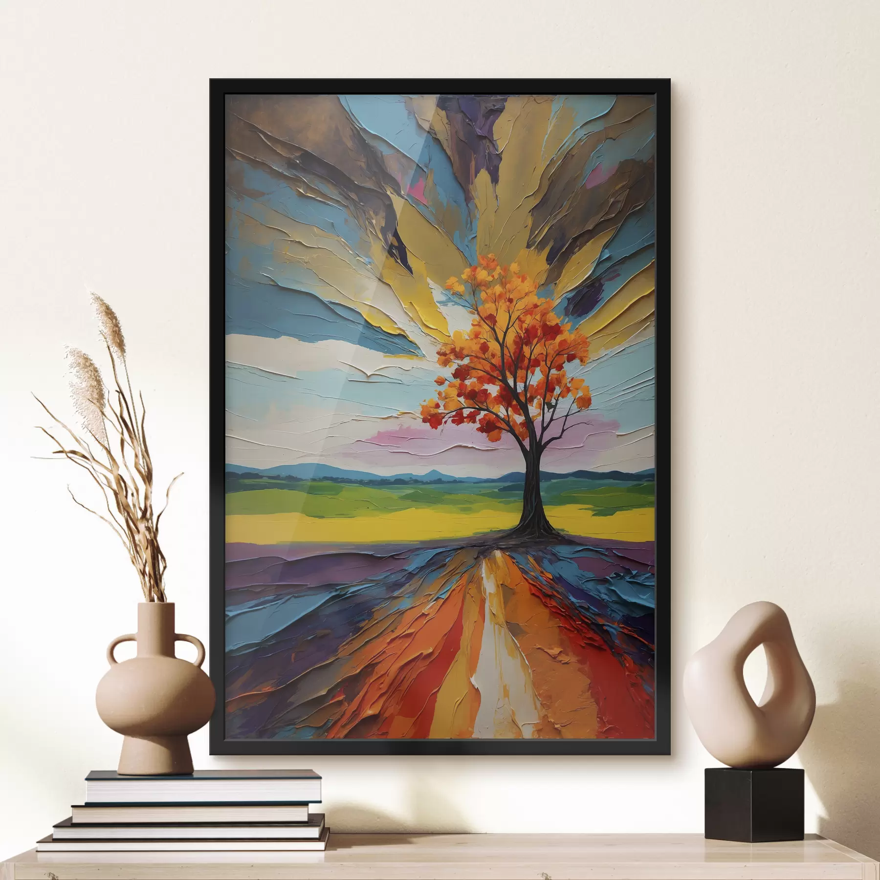 Fotobehang Boom op de achtergrond van een veld en abstract hemelolieverfschilderij f39851