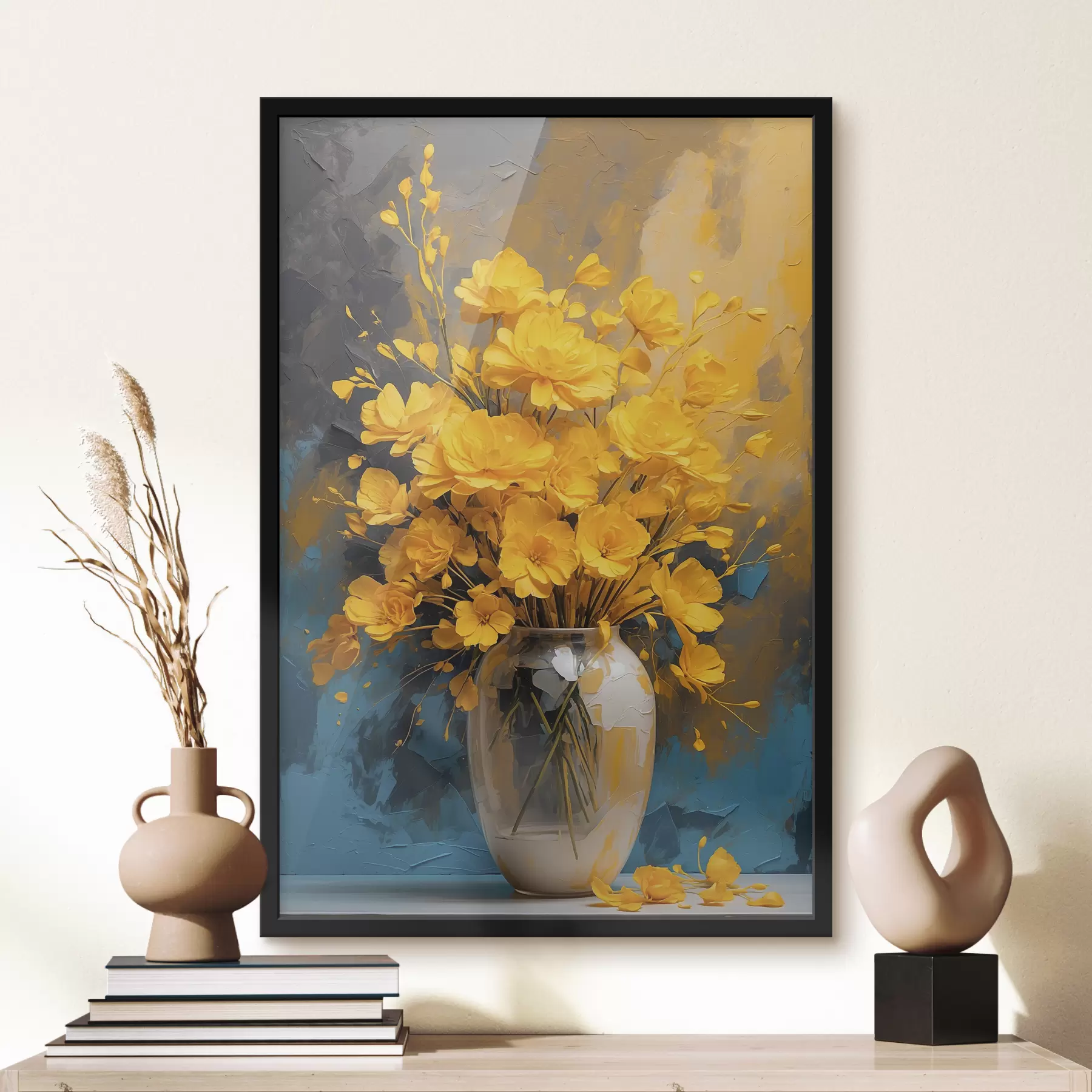 Fotobehang Gele bloemen in vaas op veelkleurige acrylachtergrond f39854