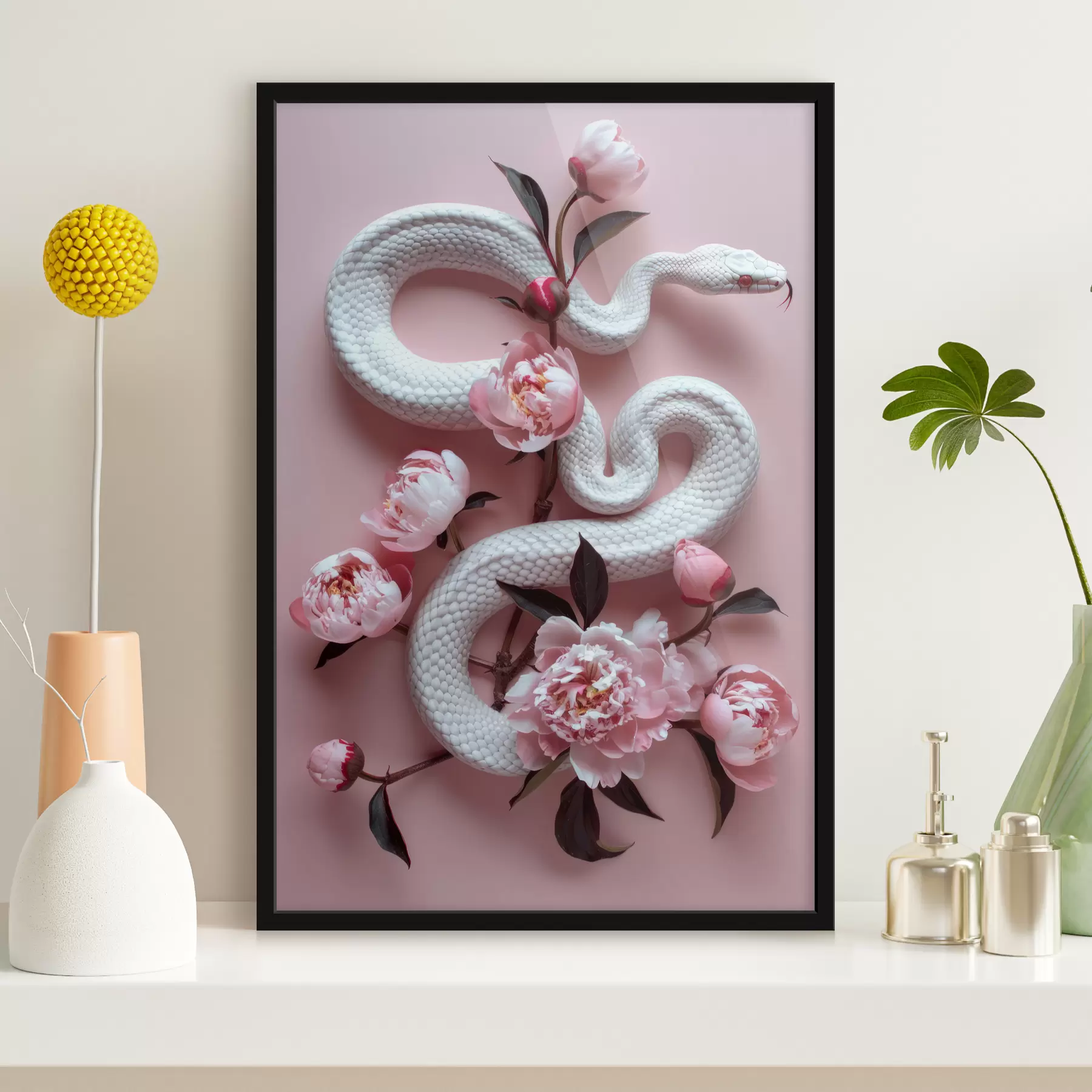 Fotobehang Pioenrozen en witte slang f39942