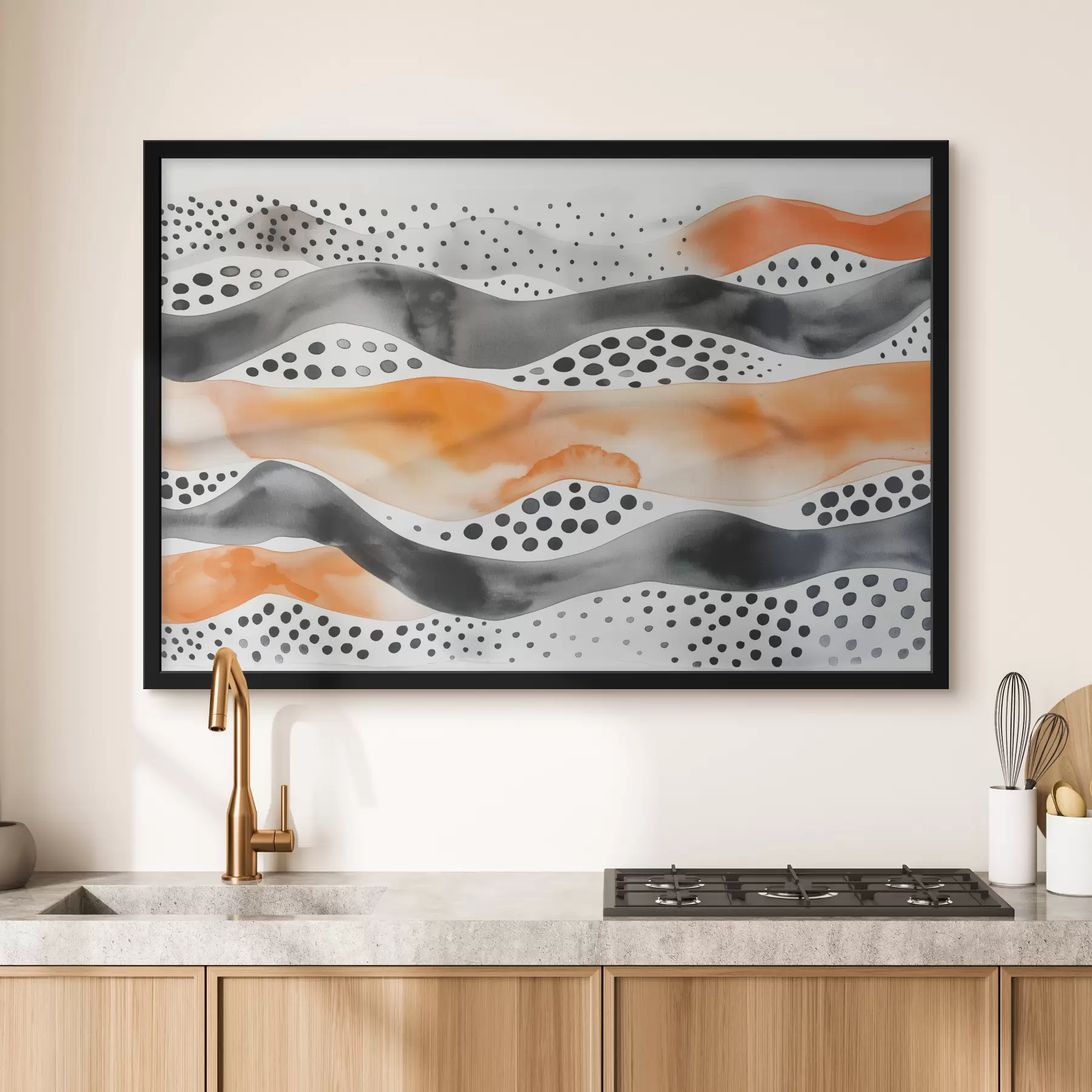 Fotobehang Golven, stippen, zwart, oranje f39950