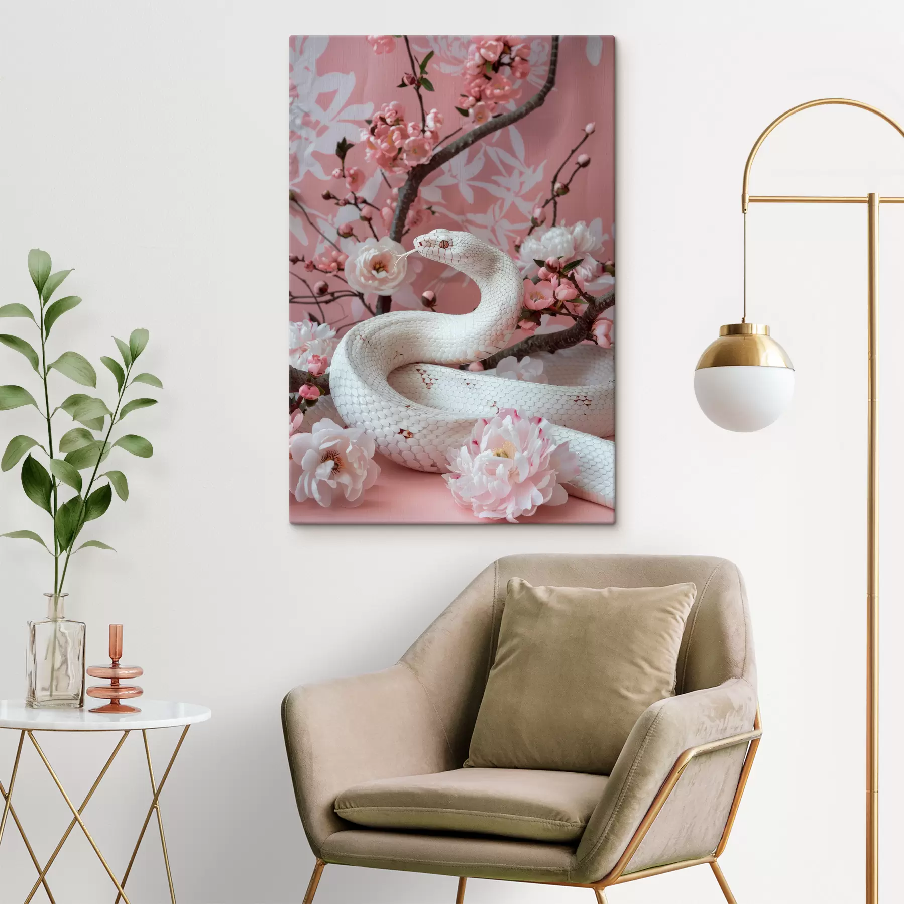 Fotobehang Witte slang en roze bloemen s39941