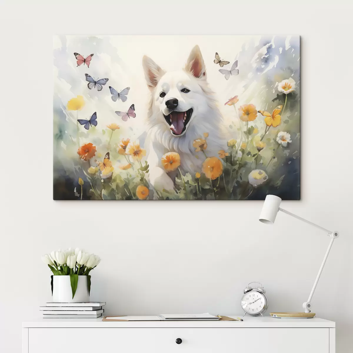  Schilderijen Witte hond zit in bloemen, vlinders vliegen aquarel s39936