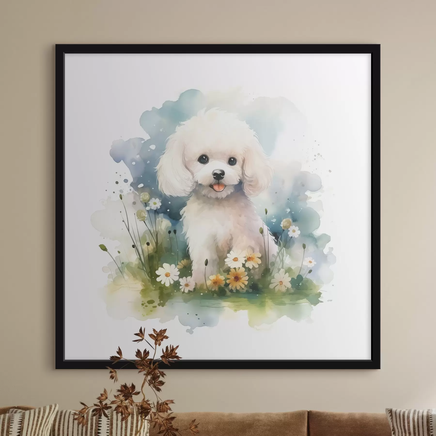 Fotobehang Kleine witte poedel zittend in een aquarel van bloemen f39928