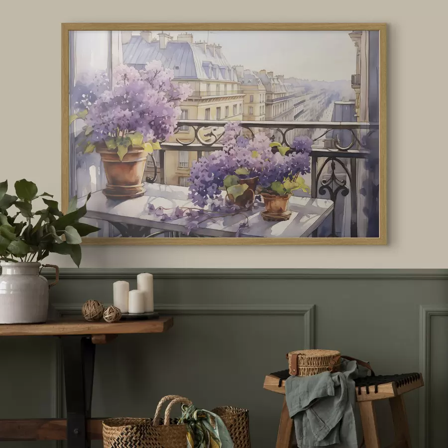 Fotobehang Viooltjes in een pot op een balkon in Parijs aquarel f39931