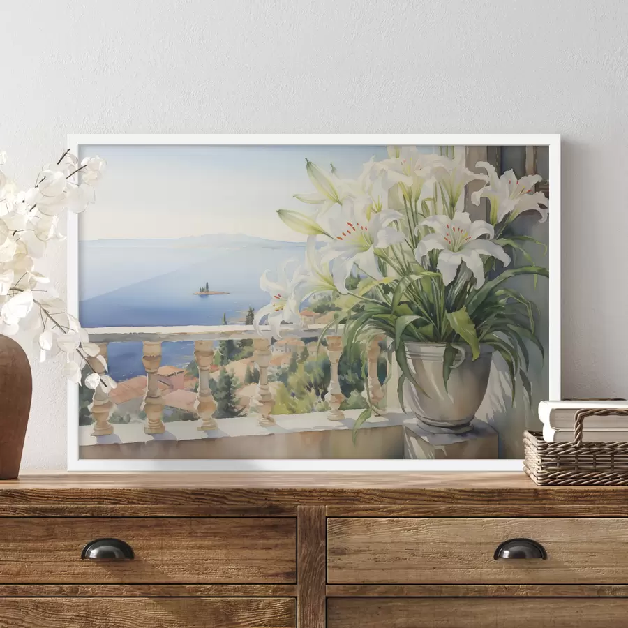 Fotobehang Witte lelies in een pot op een balkon tegen de achtergrond van de baai aquarel f39932