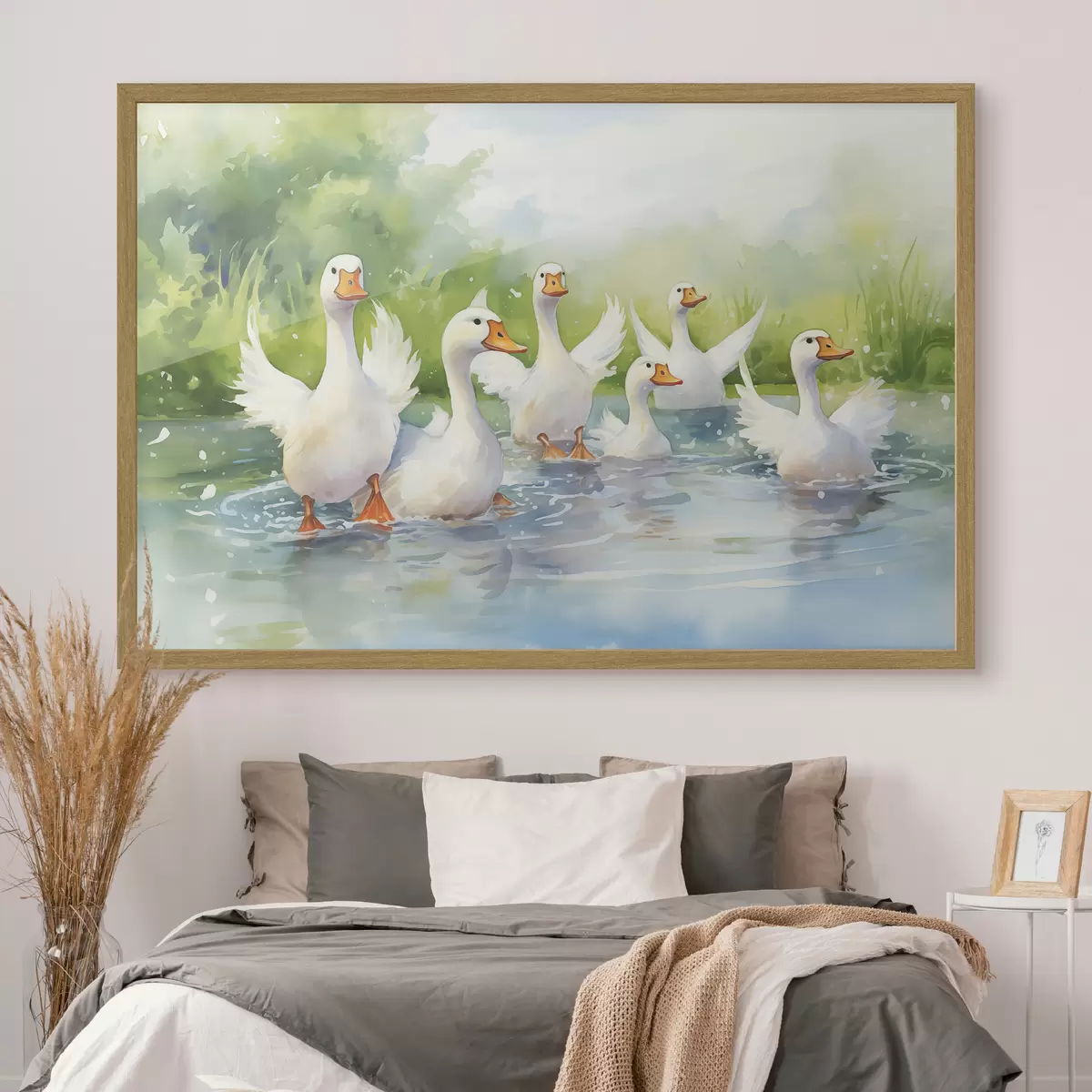 Poster Witte ganzen badend in een vijver aquarel schilderij f39939