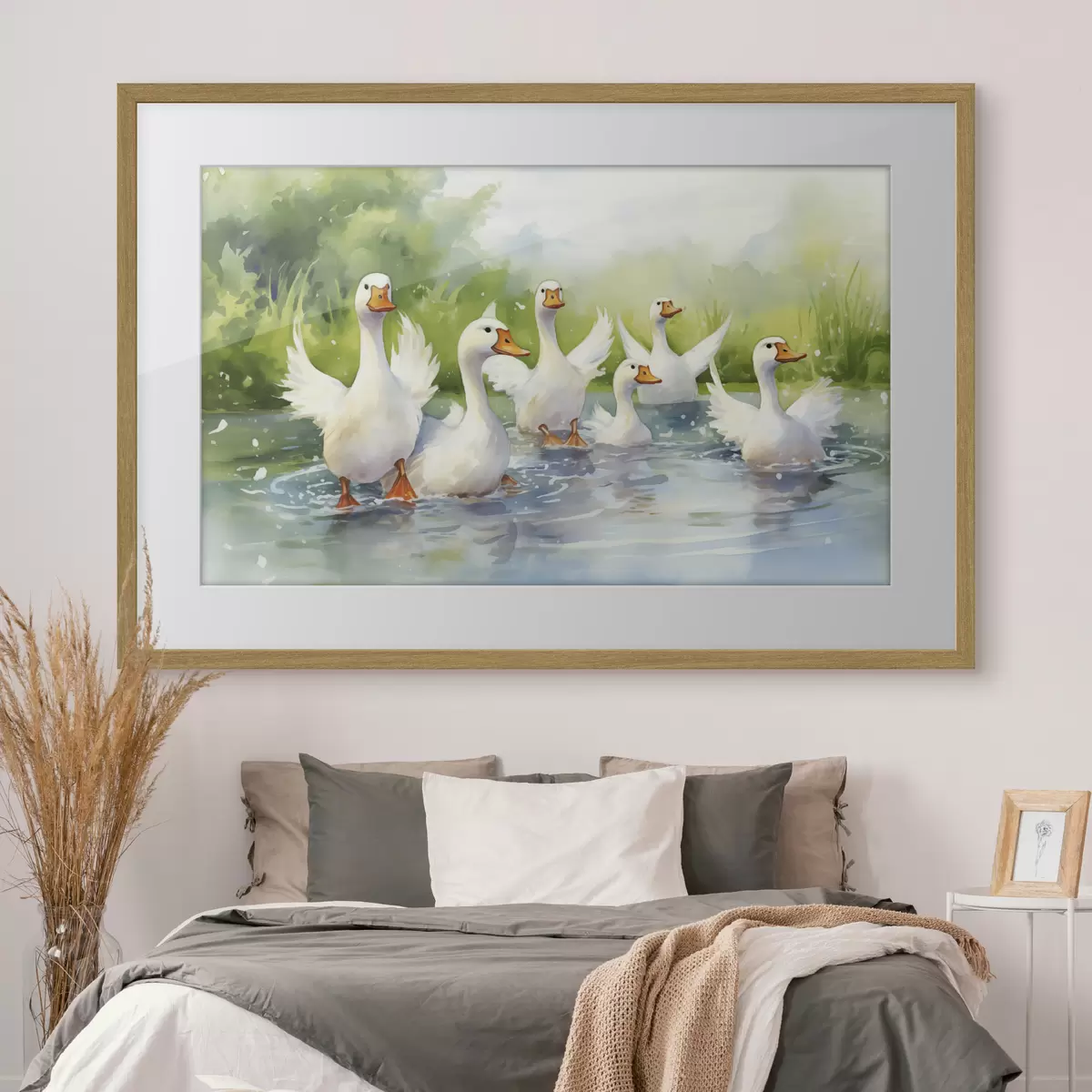 Poster Witte ganzen badend in een vijver aquarel schilderij f39939