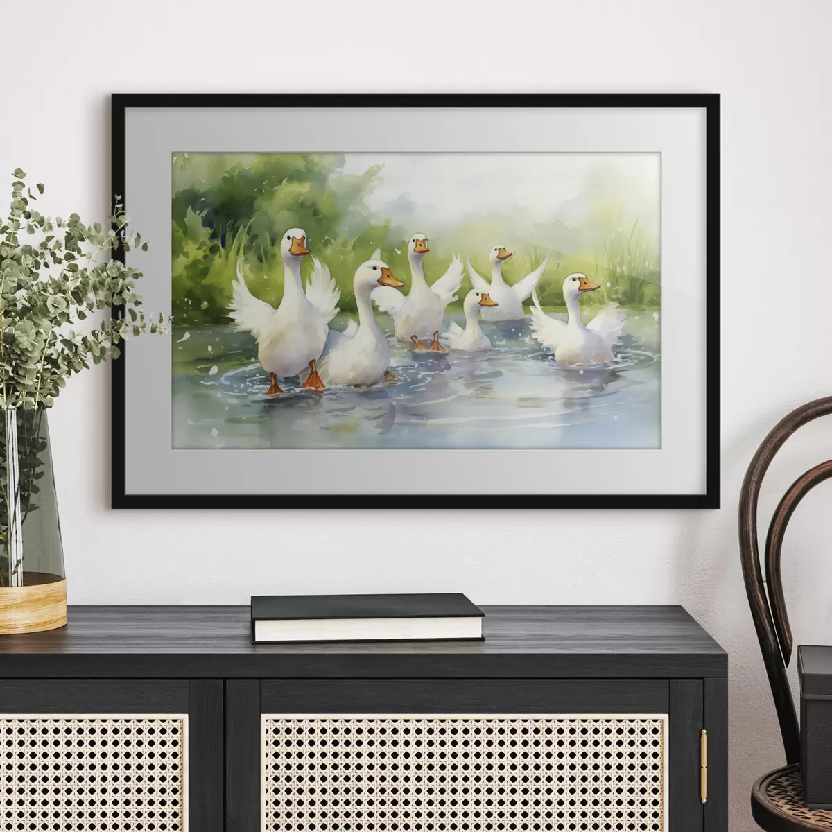 Poster Witte ganzen badend in een vijver aquarel schilderij f39939