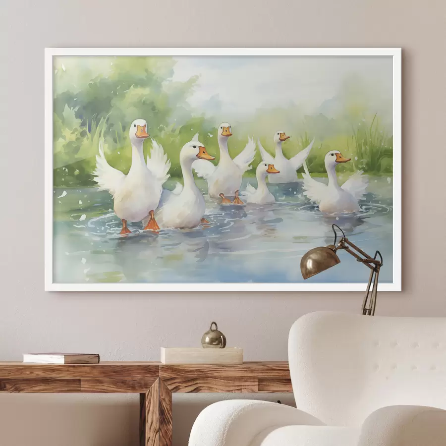 Fotobehang Witte ganzen badend in een vijver aquarel schilderij f39939