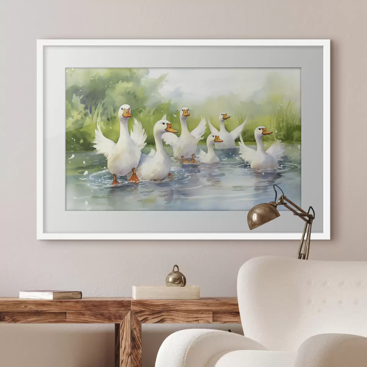 Poster Witte ganzen badend in een vijver aquarel schilderij f39939