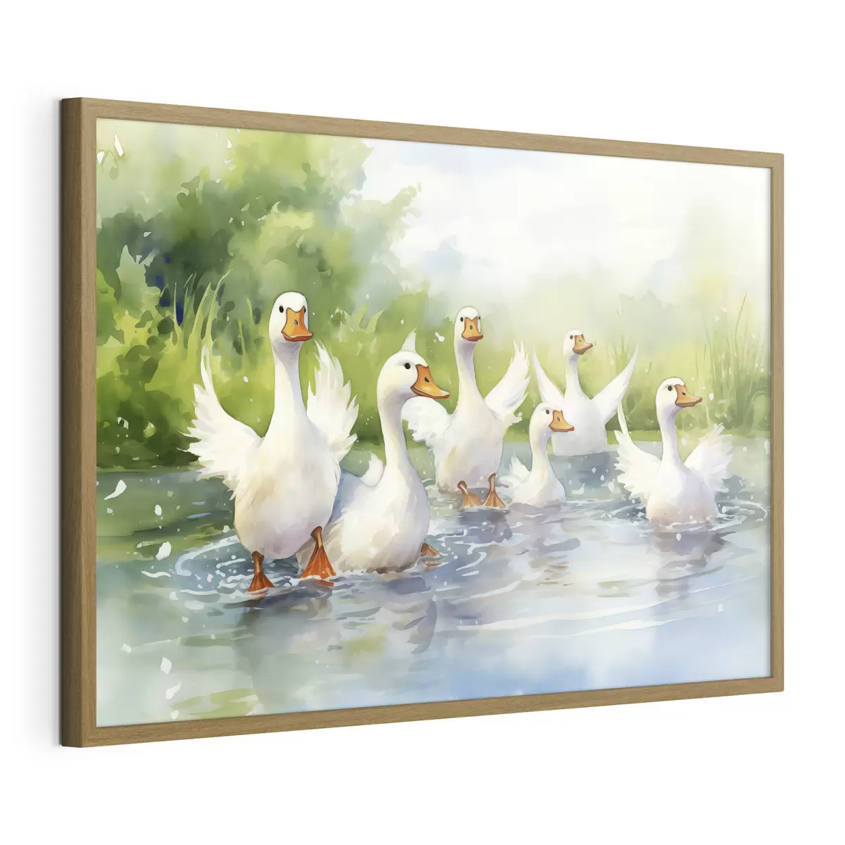 Poster Witte ganzen badend in een vijver aquarel schilderij f39939