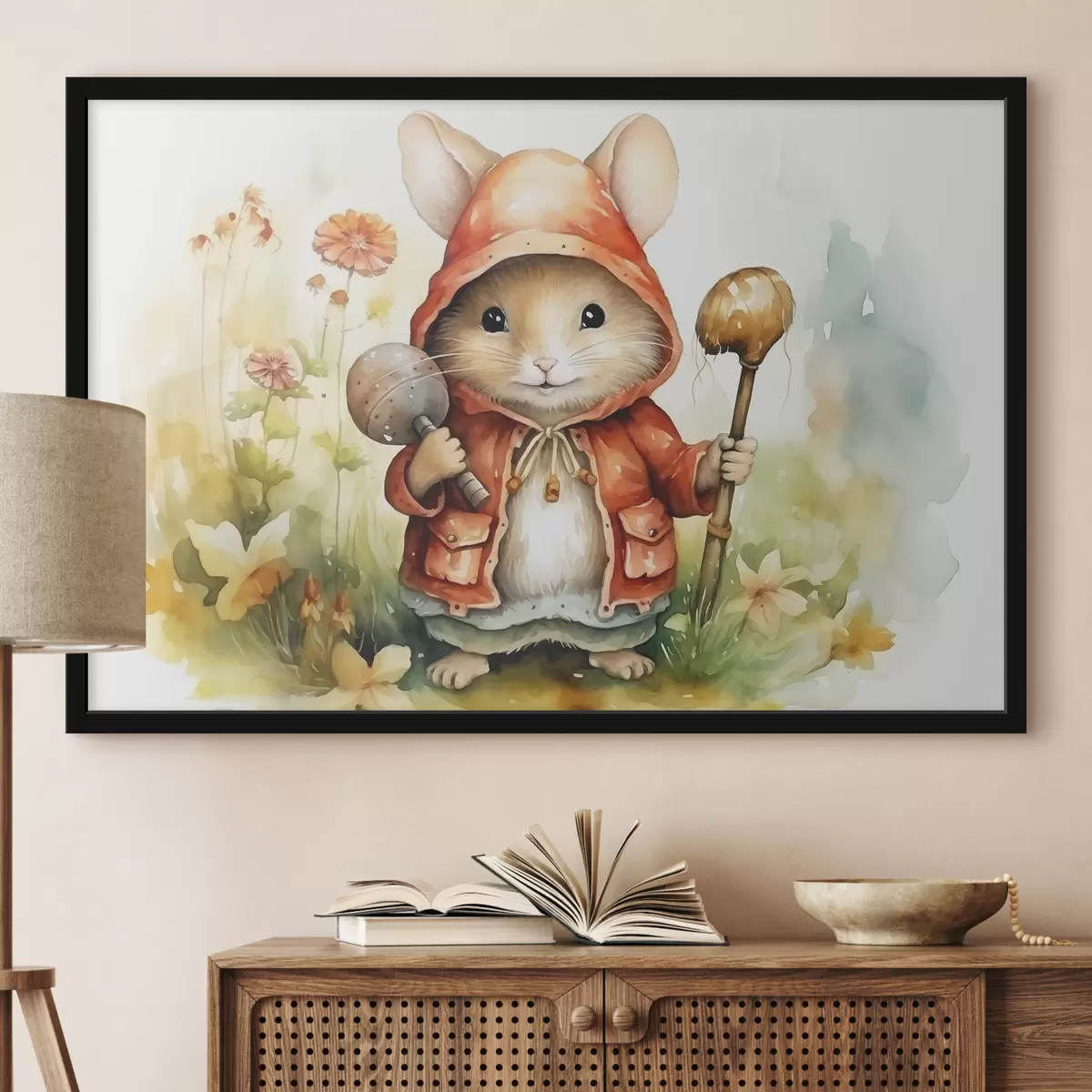 Poster Muis tovenaar in een mantel kinderillustratie aquarel f39940