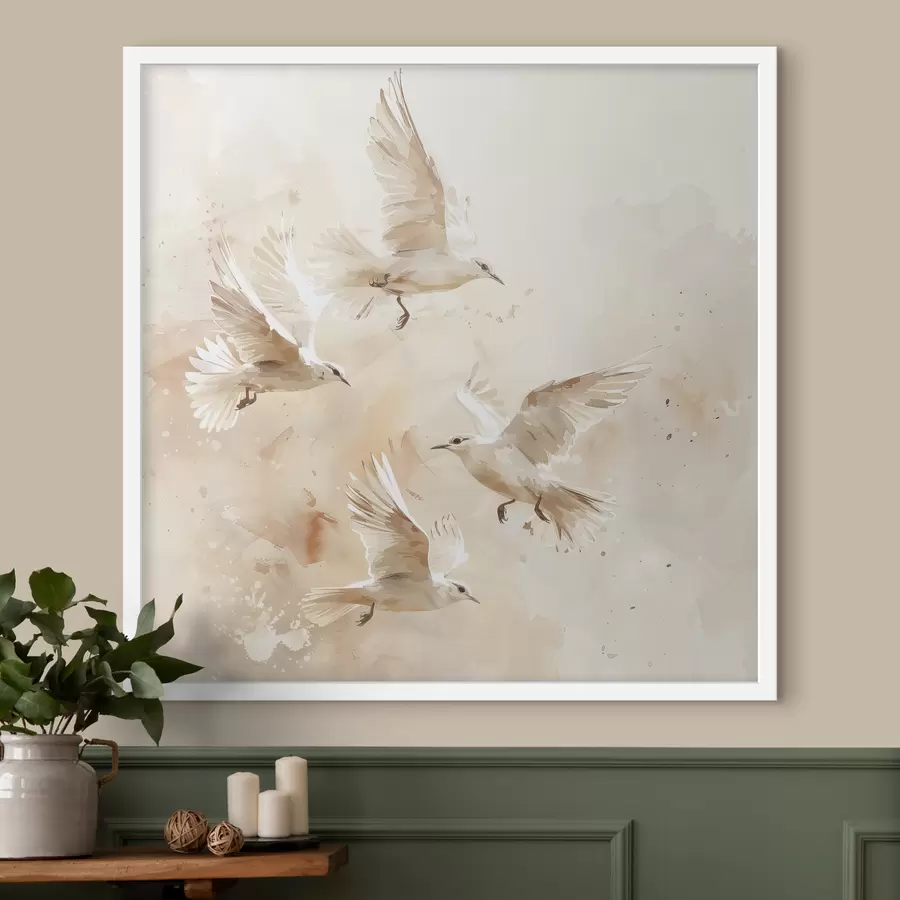 Fotobehang Aquarel vliegende vogels, delicate pastelkleuren, abstractie f39973