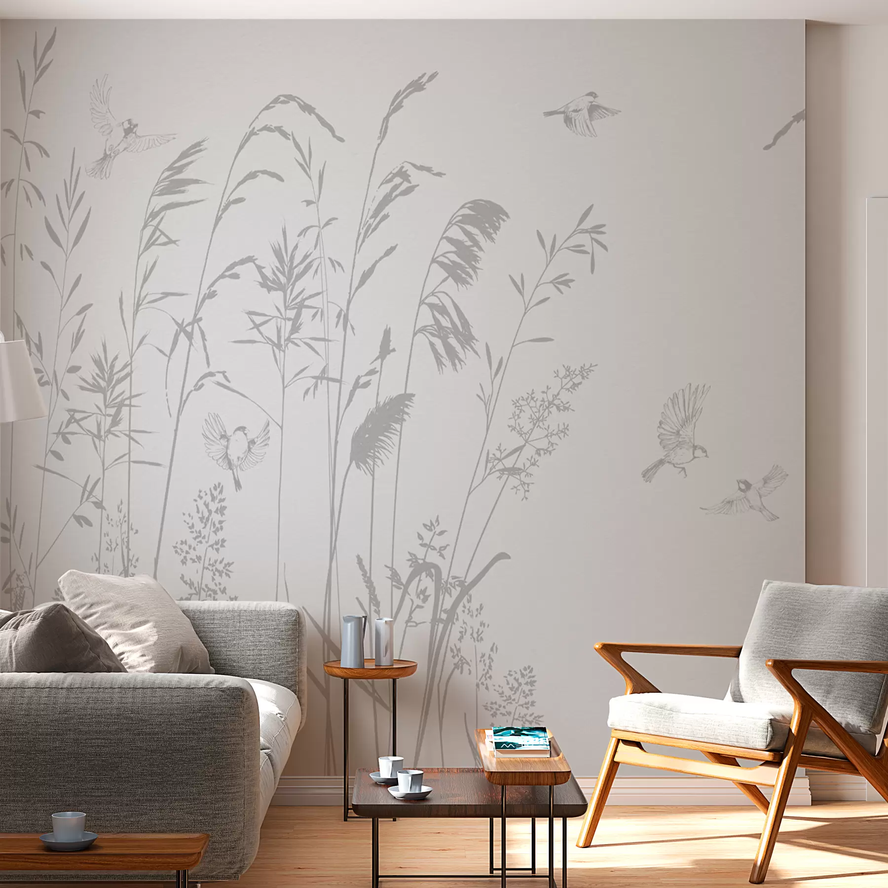 Fotobehang Planten en kleine vogels natuur minimalisme grijze kleur w08172v1