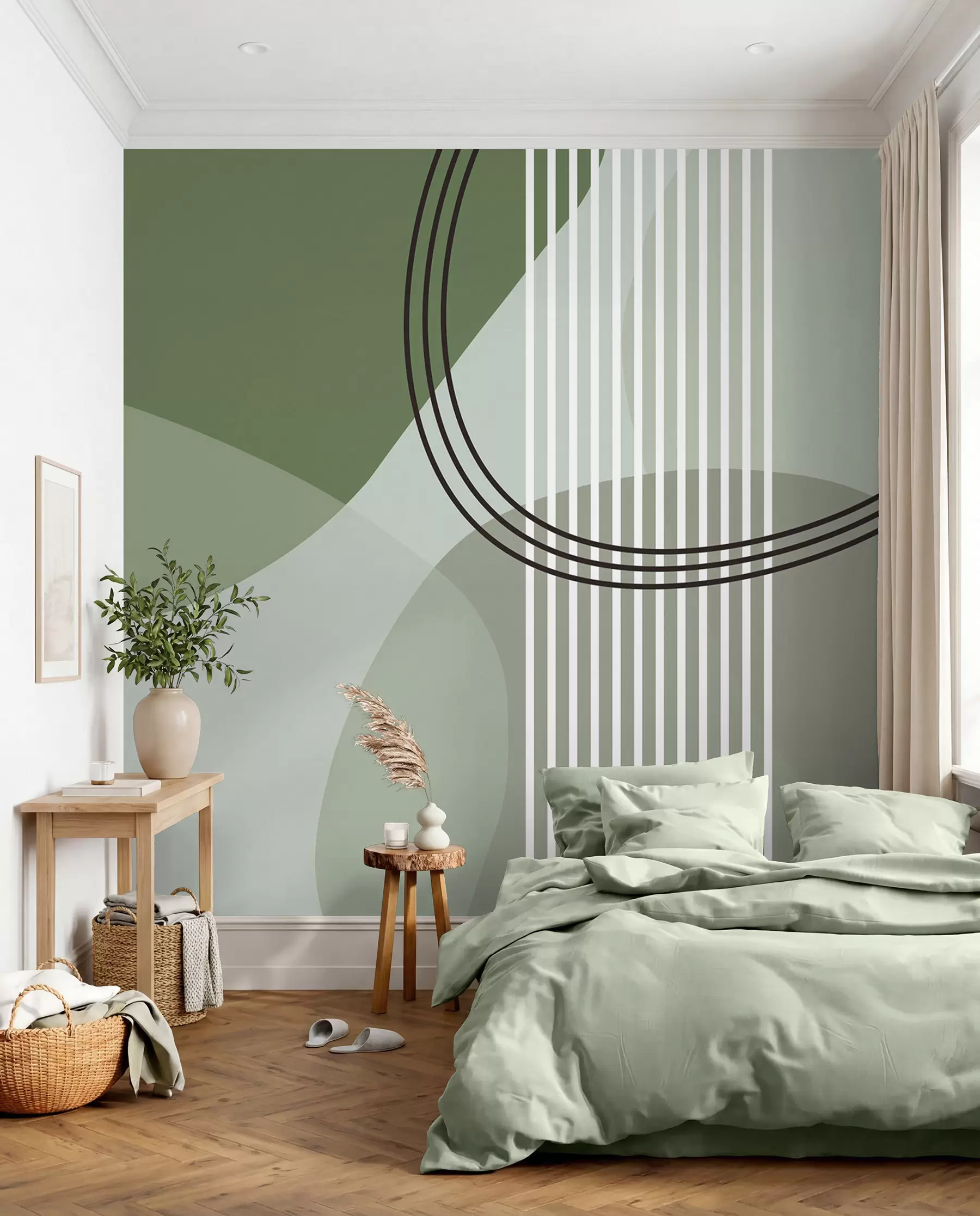 Fotobehang Geometrische abstractie lijn en cirkel minimalisme moderne stijl groene kleur w08173v1