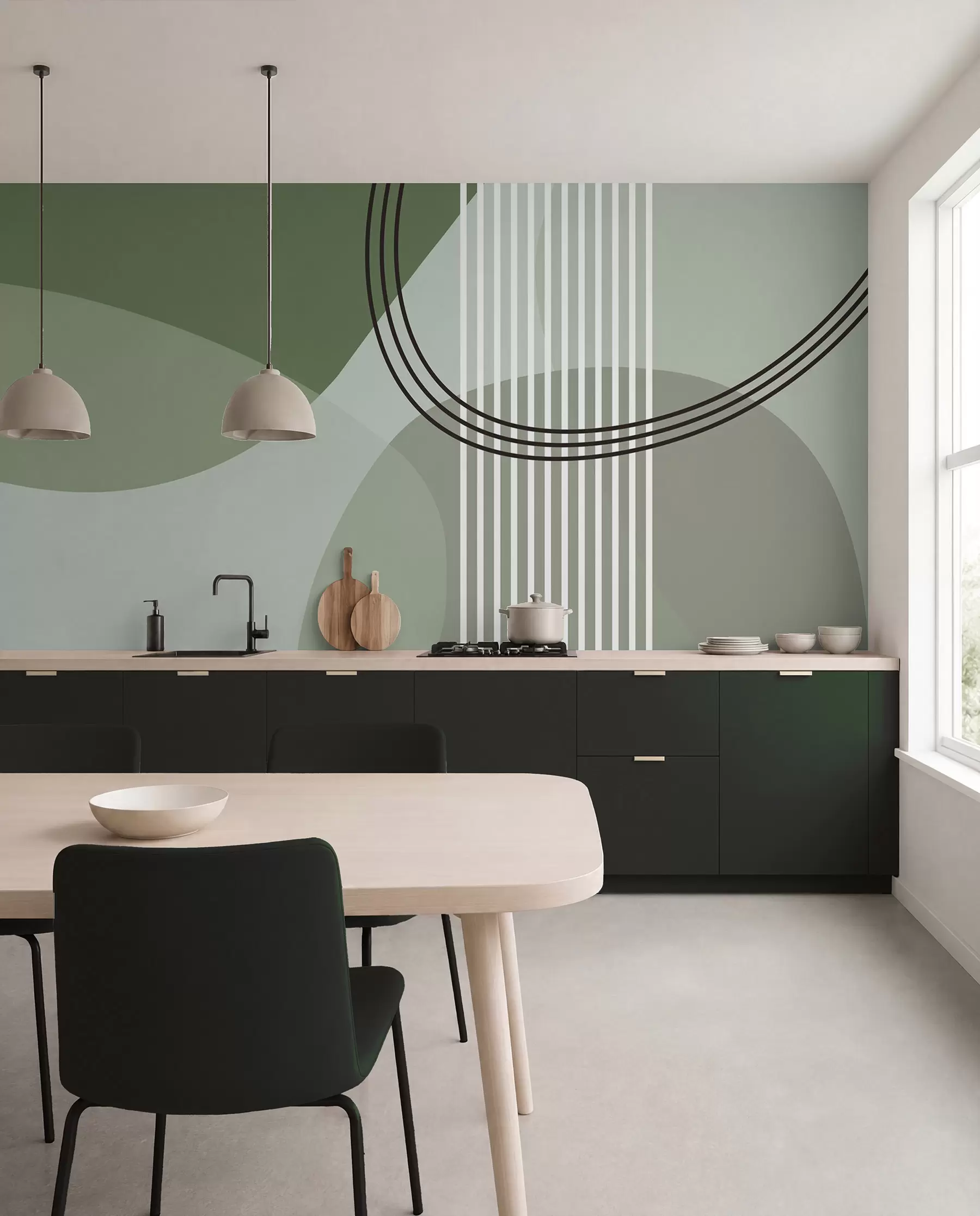 Fotobehang Geometrische abstractie lijn en cirkel minimalisme moderne stijl groene kleur w08173v1