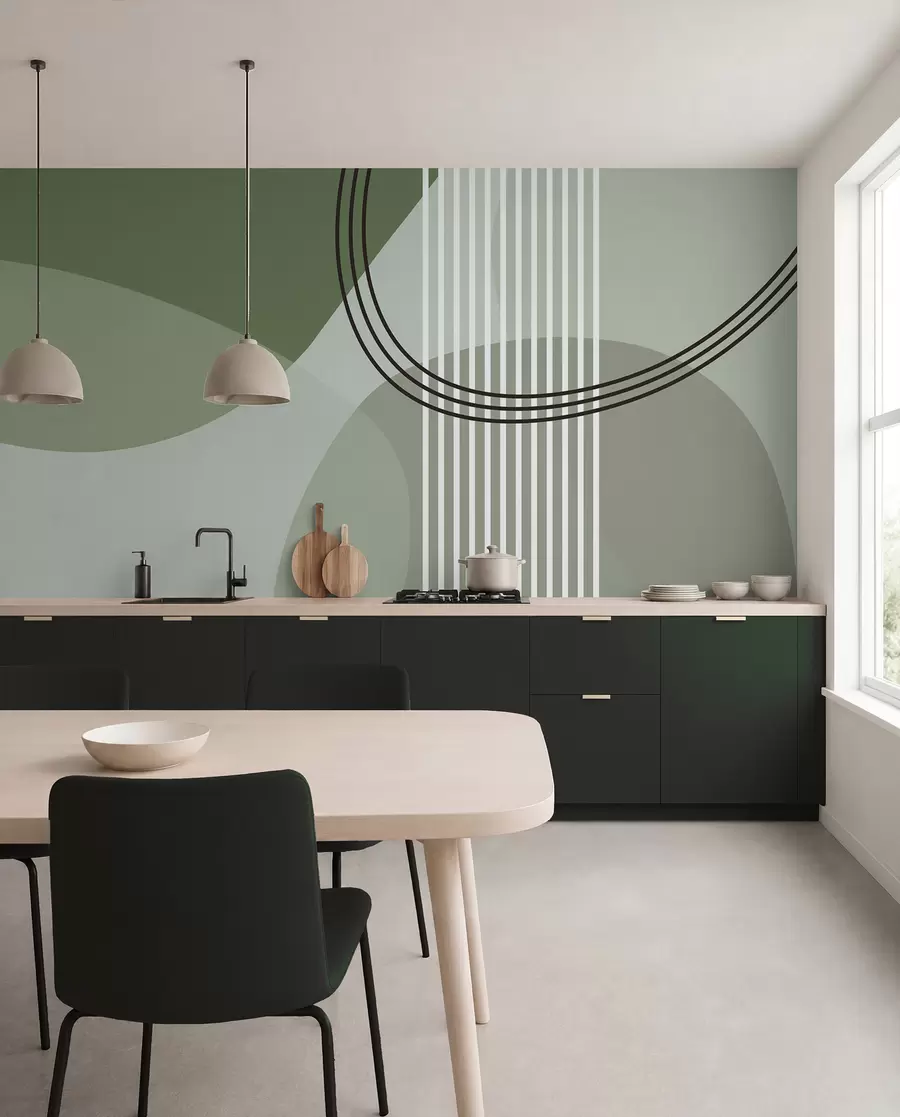 Fotobehang Geometrische abstractie lijn en cirkel minimalisme moderne stijl groene kleur w08173v1