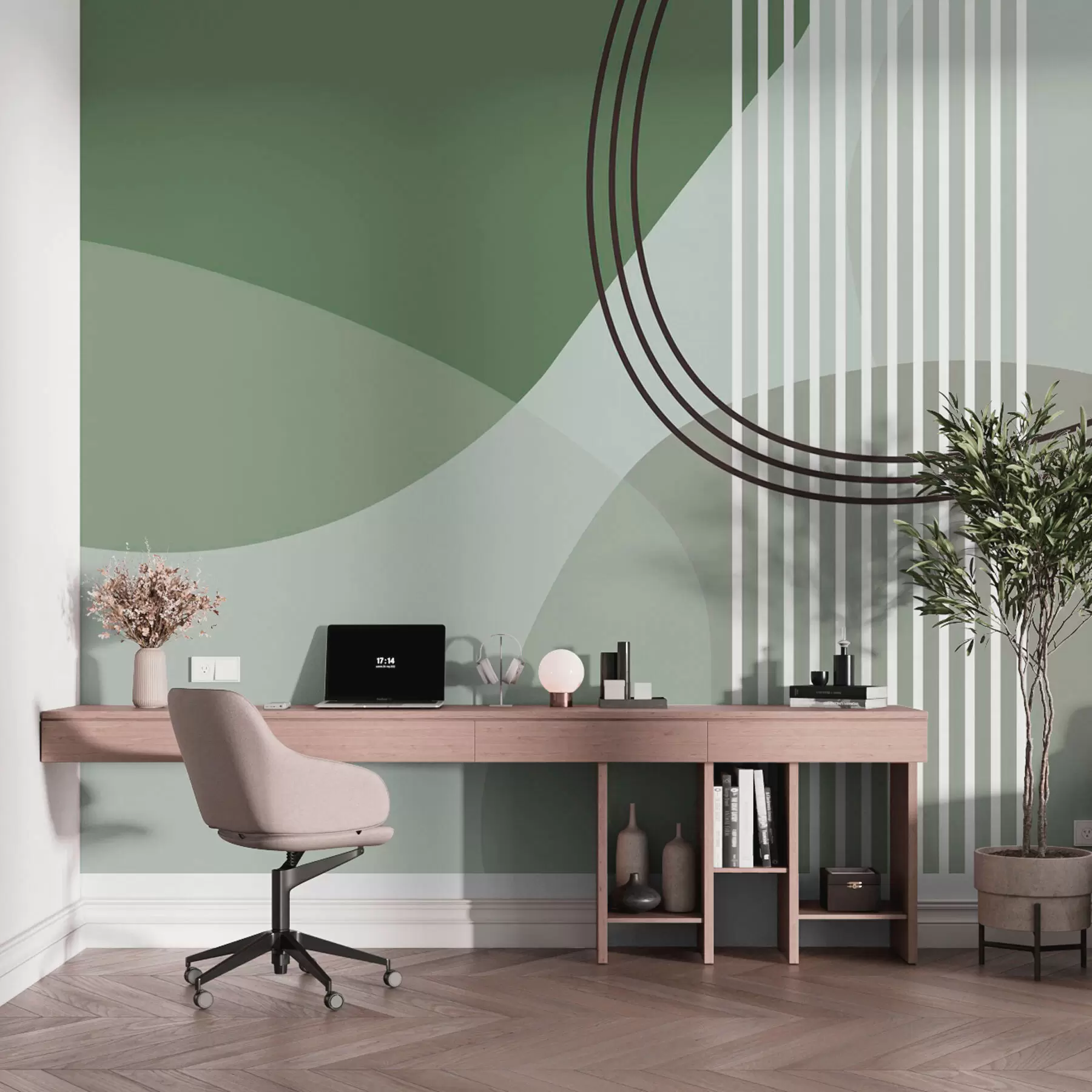 Fotobehang Geometrische abstractie lijn en cirkel minimalisme moderne stijl groene kleur w08173v1