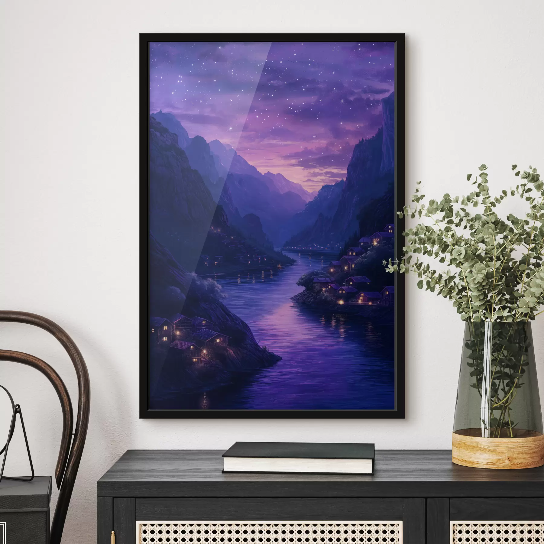 Fotobehang Vallende sterren, kleine steden, Velaris, blauw, paars f40012