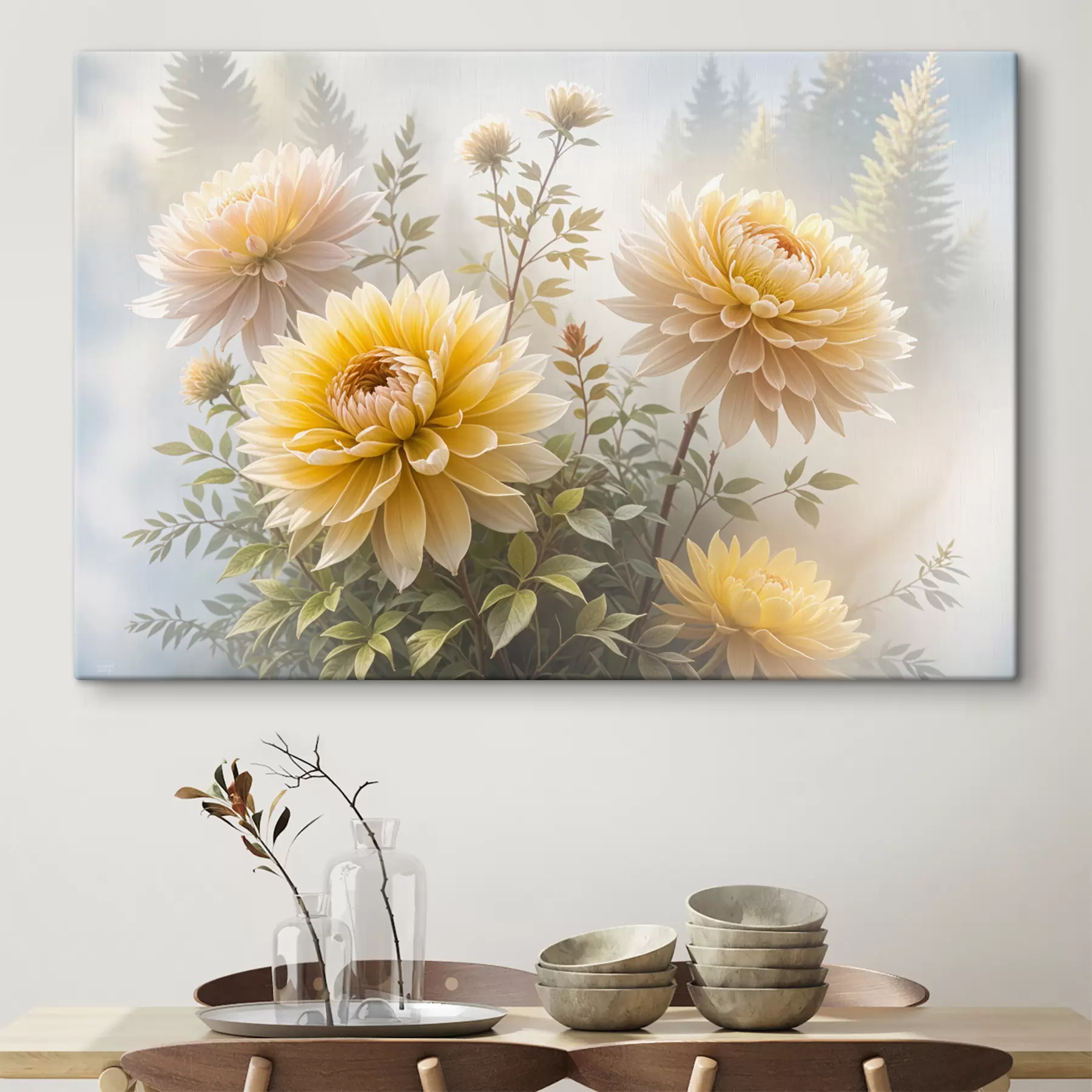 Fotobehang Gele dahliabloemen in een tuin met een wazige bosachtergrond s40033