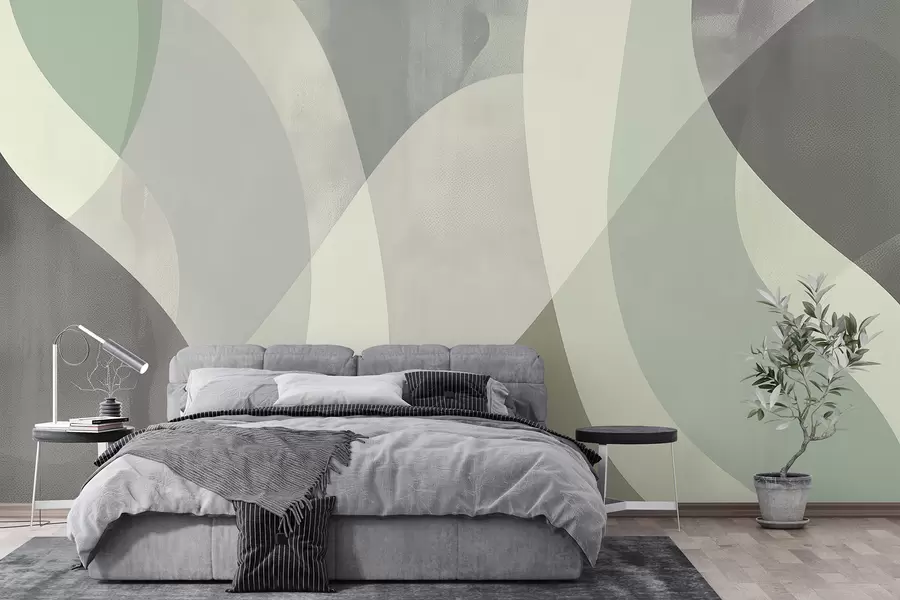 Fotobehang Zachte rondingen in gedempte tinten met vloeiende lijnen en groene gradiënten, minimalistisch en modern w01334